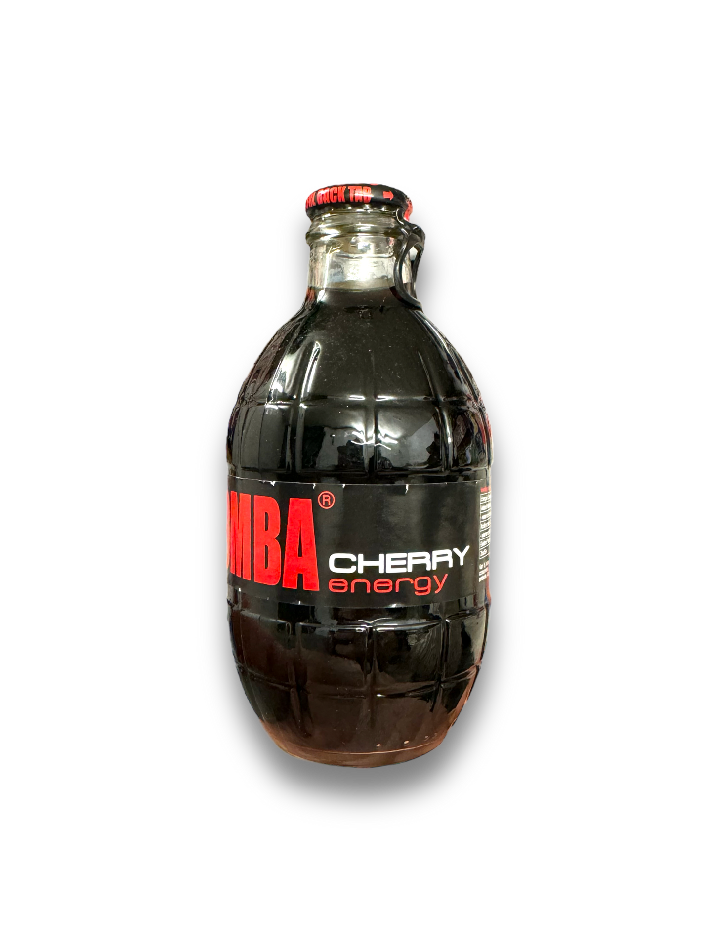 Bomba Cherry Energy 250ml von der Seite dargestellt, auf weißem Hintergrund Schwarze Flasche