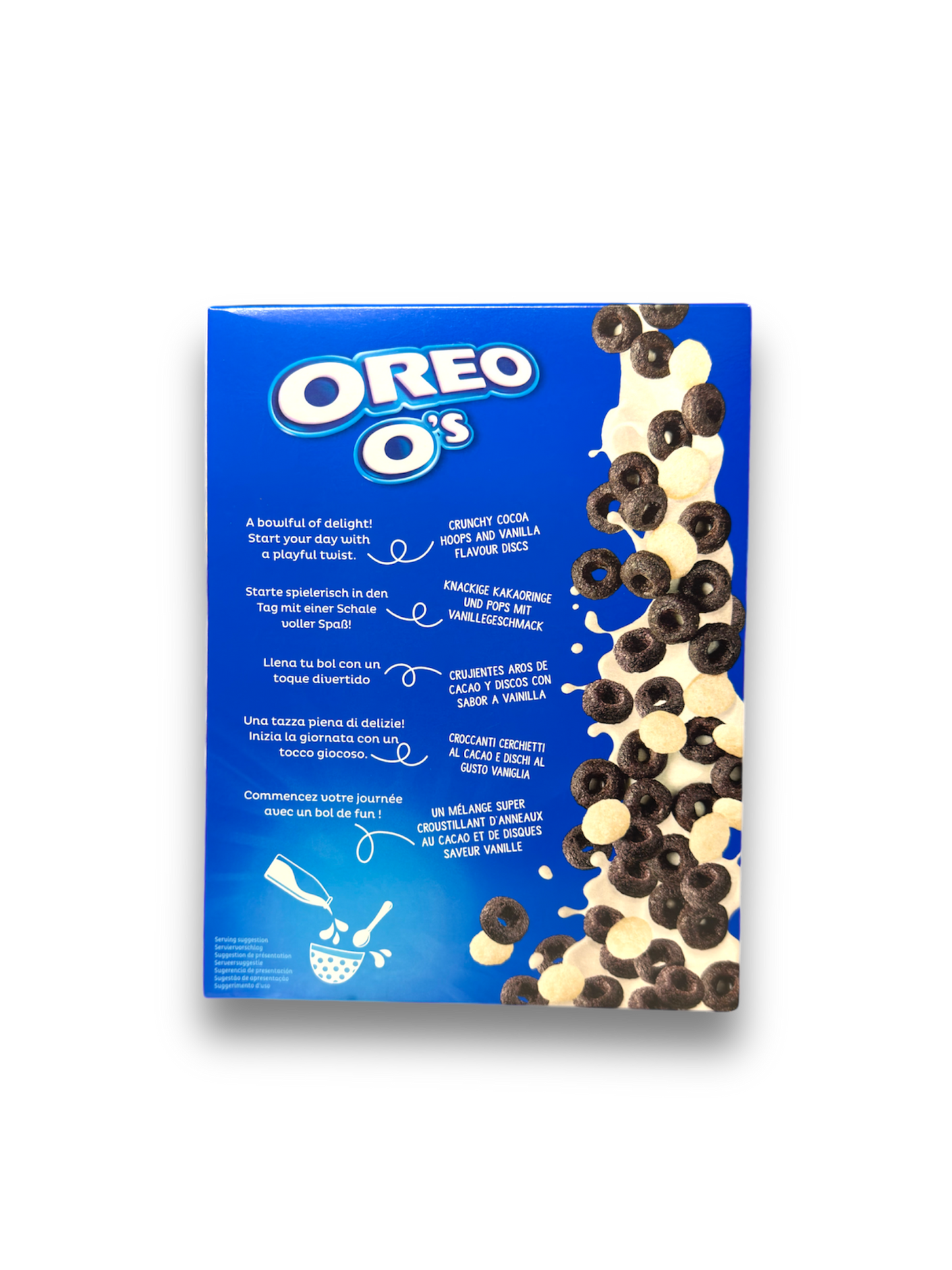 Rückseite der Oreo O’s Verpackung mit einer Beschreibung in mehreren Sprachen und Abbildung der Cerealien.