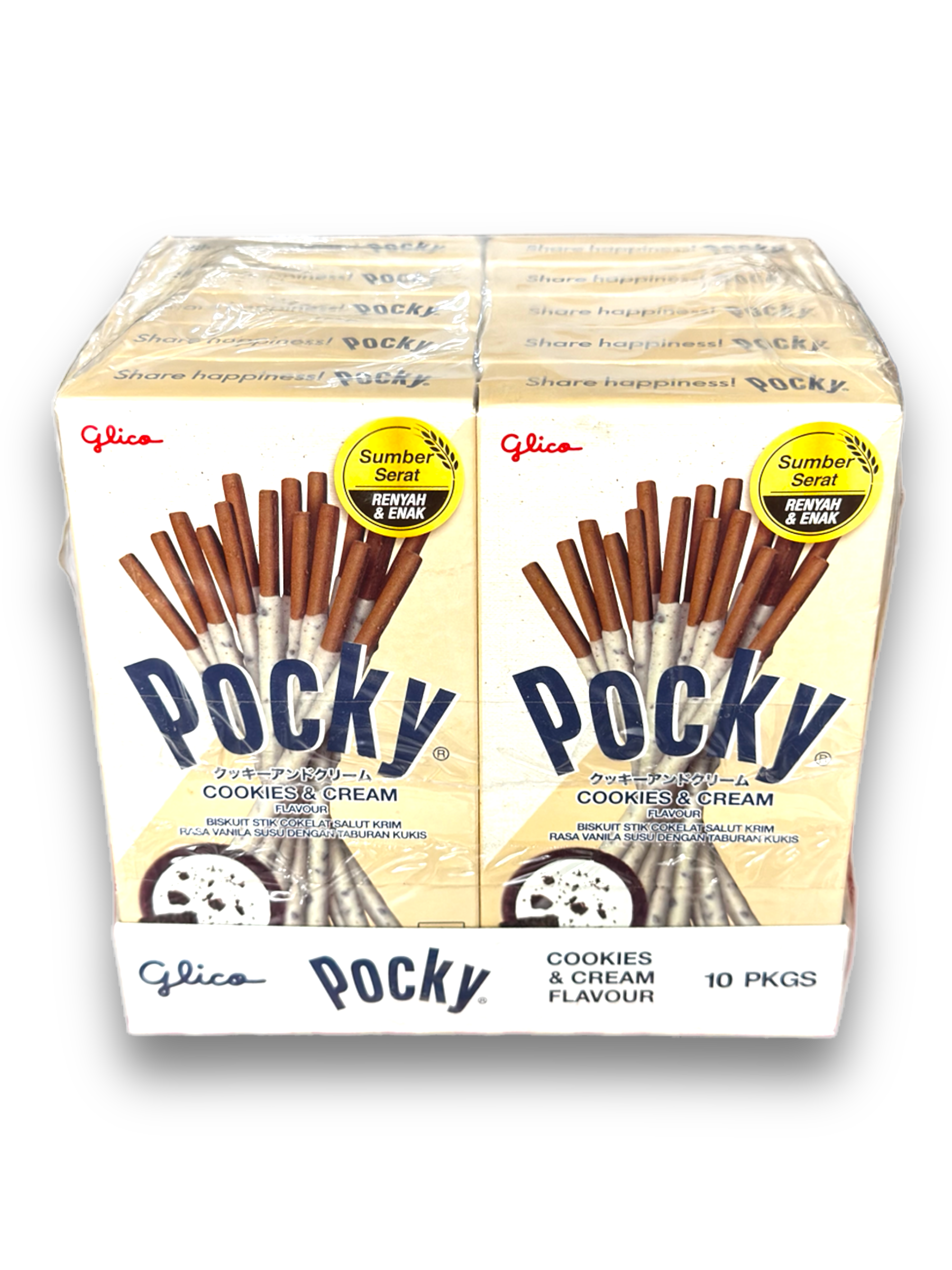 Pocky Cookies Cream 40g Vorderseite weiße Verpackung  mit blauer Schrift und Schokostäbchen Bild