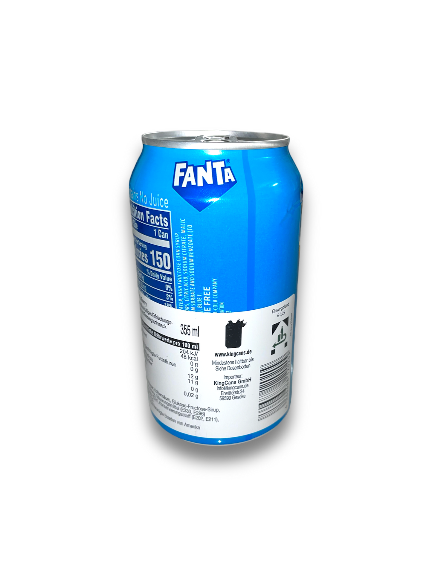 Fanta Berry 355ml Rückseite blaue Dose mit Fanta Beschriftung und Produktbeschreibung