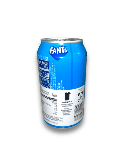 Fanta Berry 355ml Rückseite blaue Dose mit Fanta Beschriftung und Produktbeschreibung