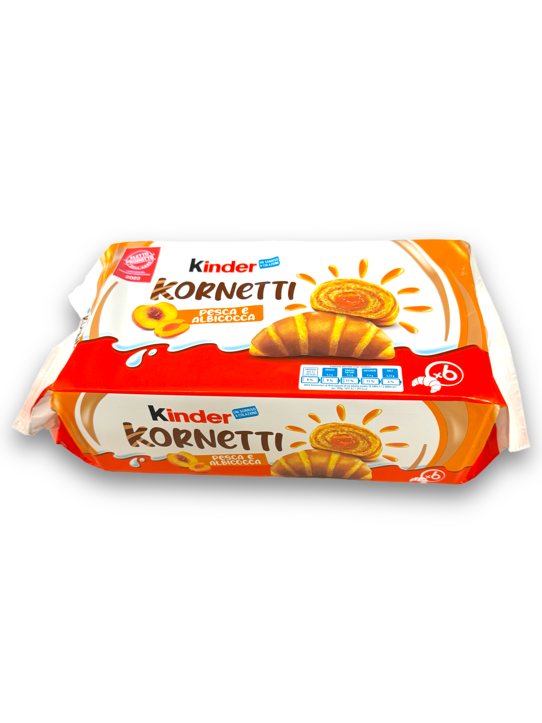 Kinder Kornetti Aprikose 252g Vorderseite weiß-rote Verpackung mit bunter Schrift und Bild Hörnchen