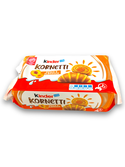 Kinder Kornetti Aprikose 252g Vorderseite weiß-rote Verpackung mit bunter Schrift und Bild Hörnchen