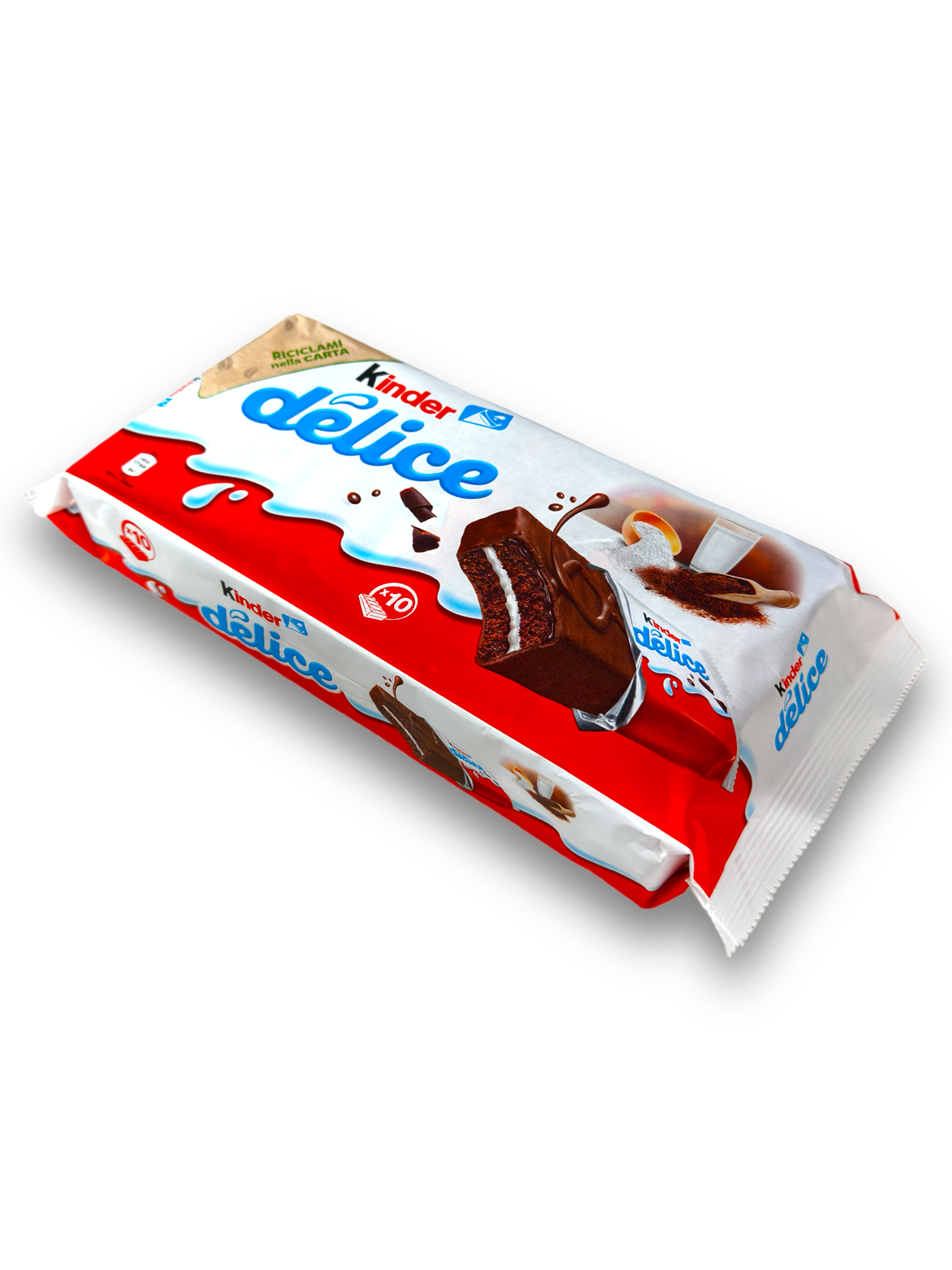 Kinder Delice 390g Vorderseite von rechts bunte Verpackung mit bunter Schrift und Produktabbildung 