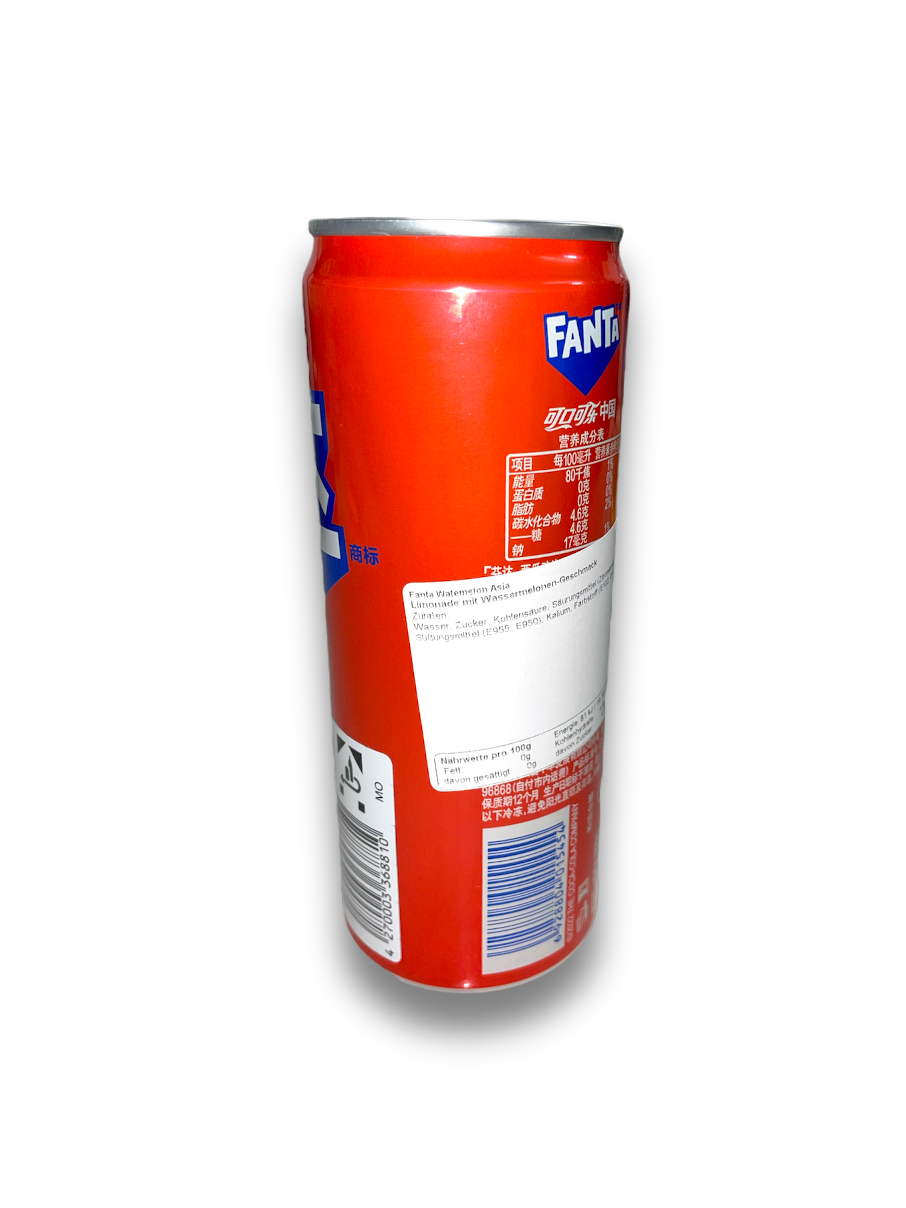 Fanta Watermelon China 330ml Rückseite rote Dose mit Fanta Schriftzug und Produktbeschreibung