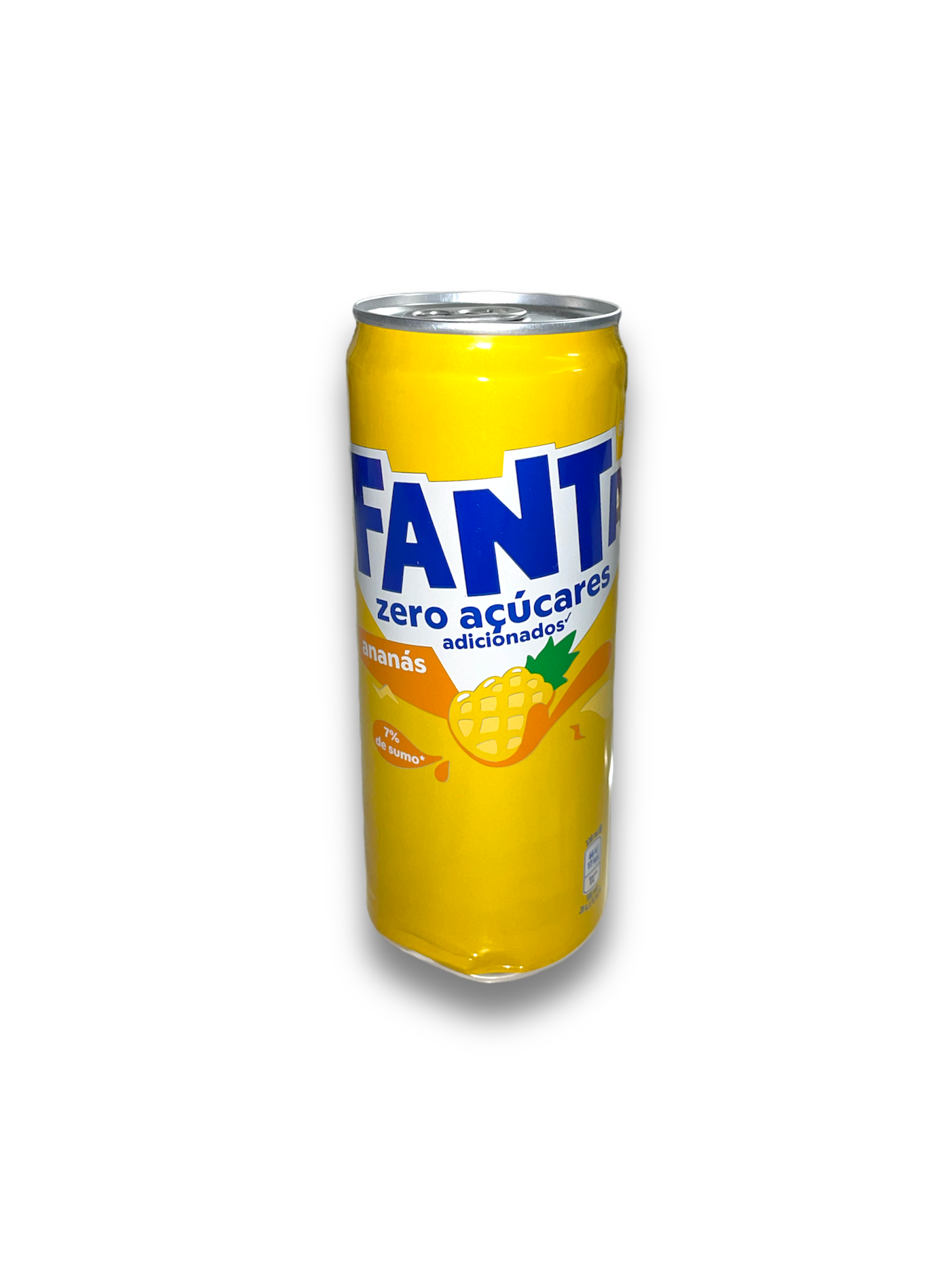 Fanta Pineapple Zero 330ml gelbe Dose Vorderseite mit Fanta Schriftzug und Ananas Abbildung 