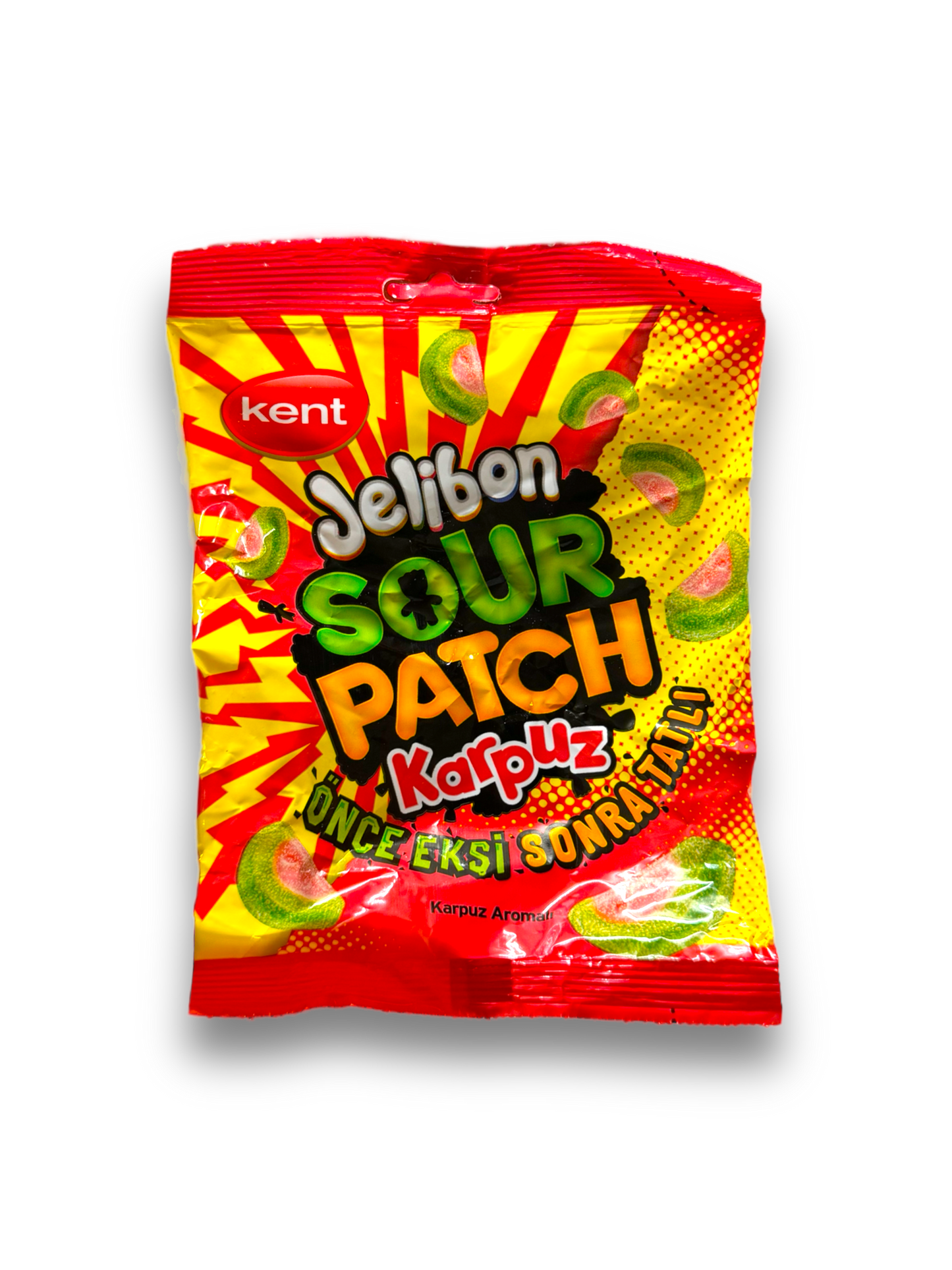 Sour Patch Watermelon 160g Vorderseite rote Verpackung mit gelber Schrift und Wassermelonenabbildung