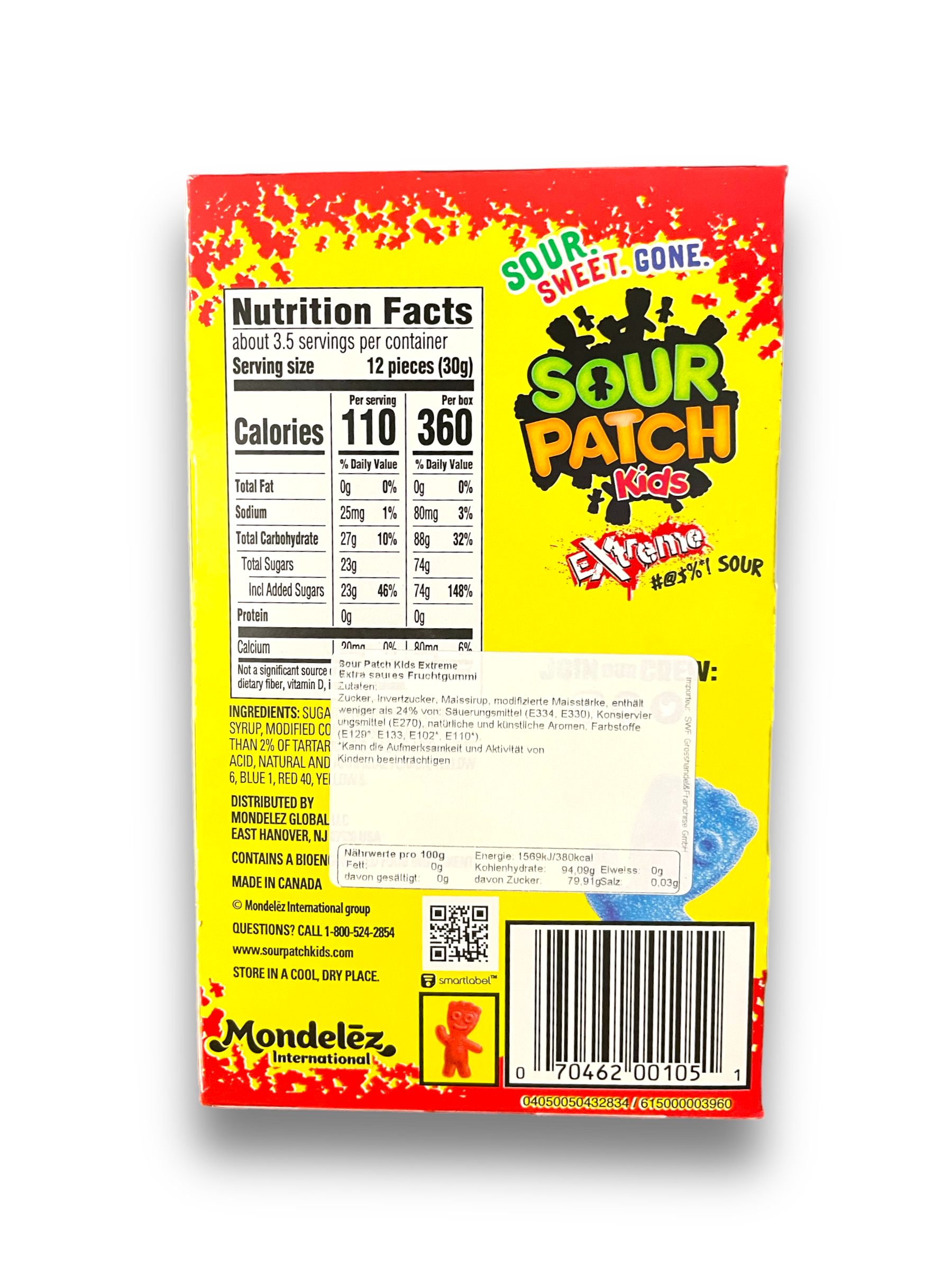 Sour Patch Kids Extreme 99g Rückseite gelbe Verpackung mit Produktetikett auf weißem Hintergrund 