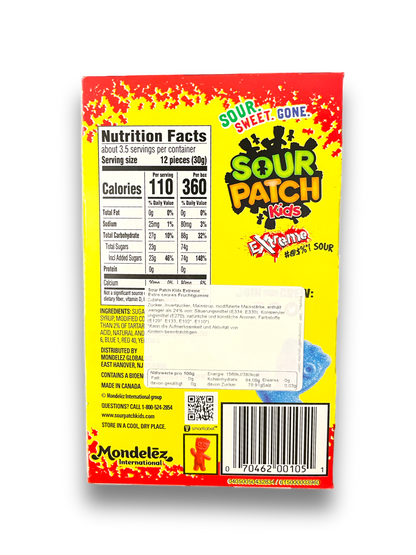 Sour Patch Kids Extreme 99g Rückseite gelbe Verpackung mit Produktetikett auf weißem Hintergrund 