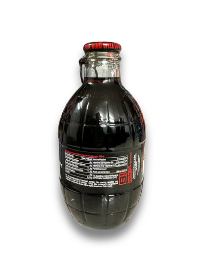 Bomba Cherry Energy 250ml von Hinten dargestellt, auf weißem Hintergrund Schwarze Flasche