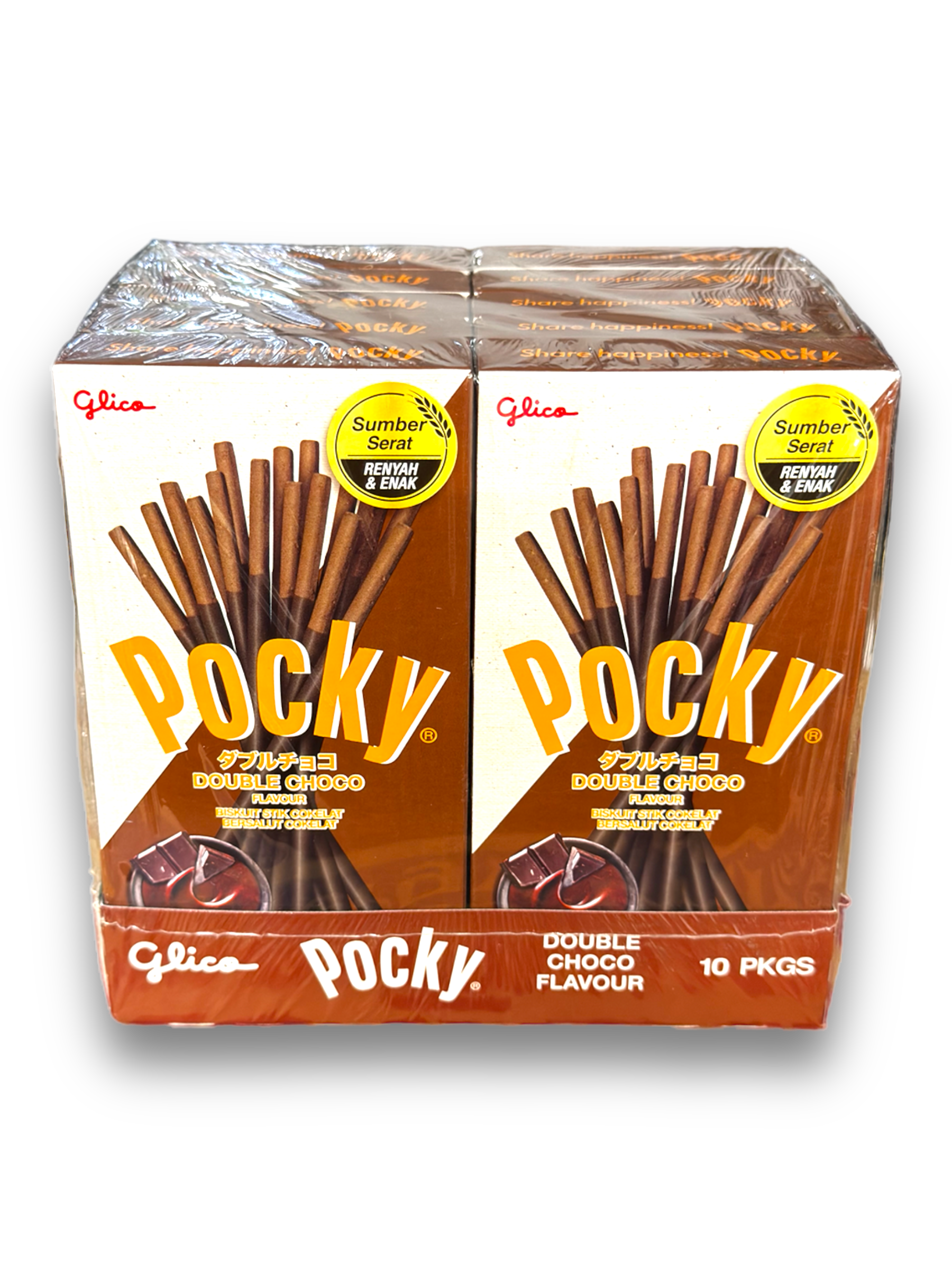 Pocky Double Chocolate 47g Vorderseite weiß-braune Verpackung mit Schokostäbchen Abbildung