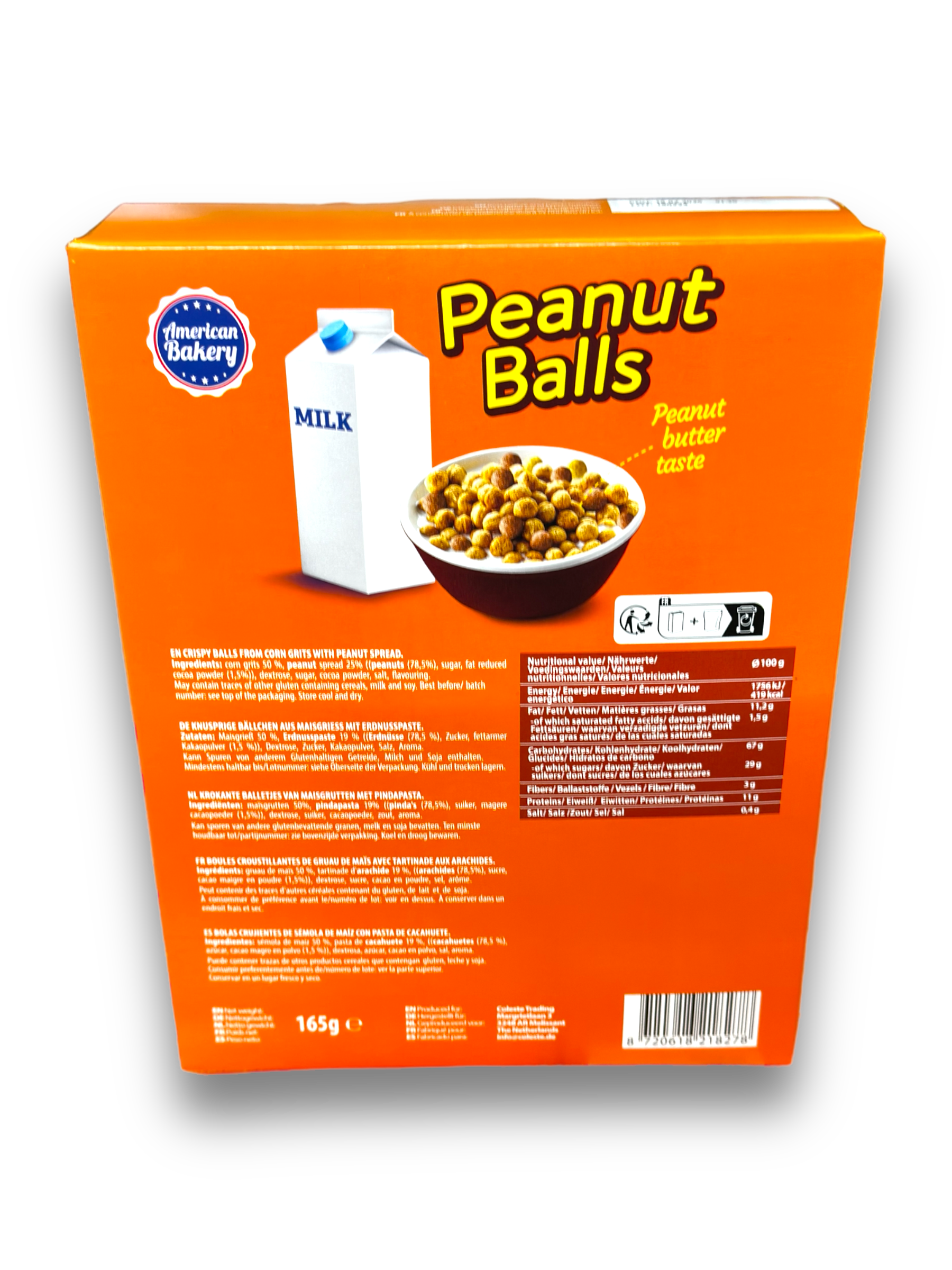 Rückansicht der Peanut Balls Cereals Packung mit Nährwertangaben und Milchpackung-Symbol.