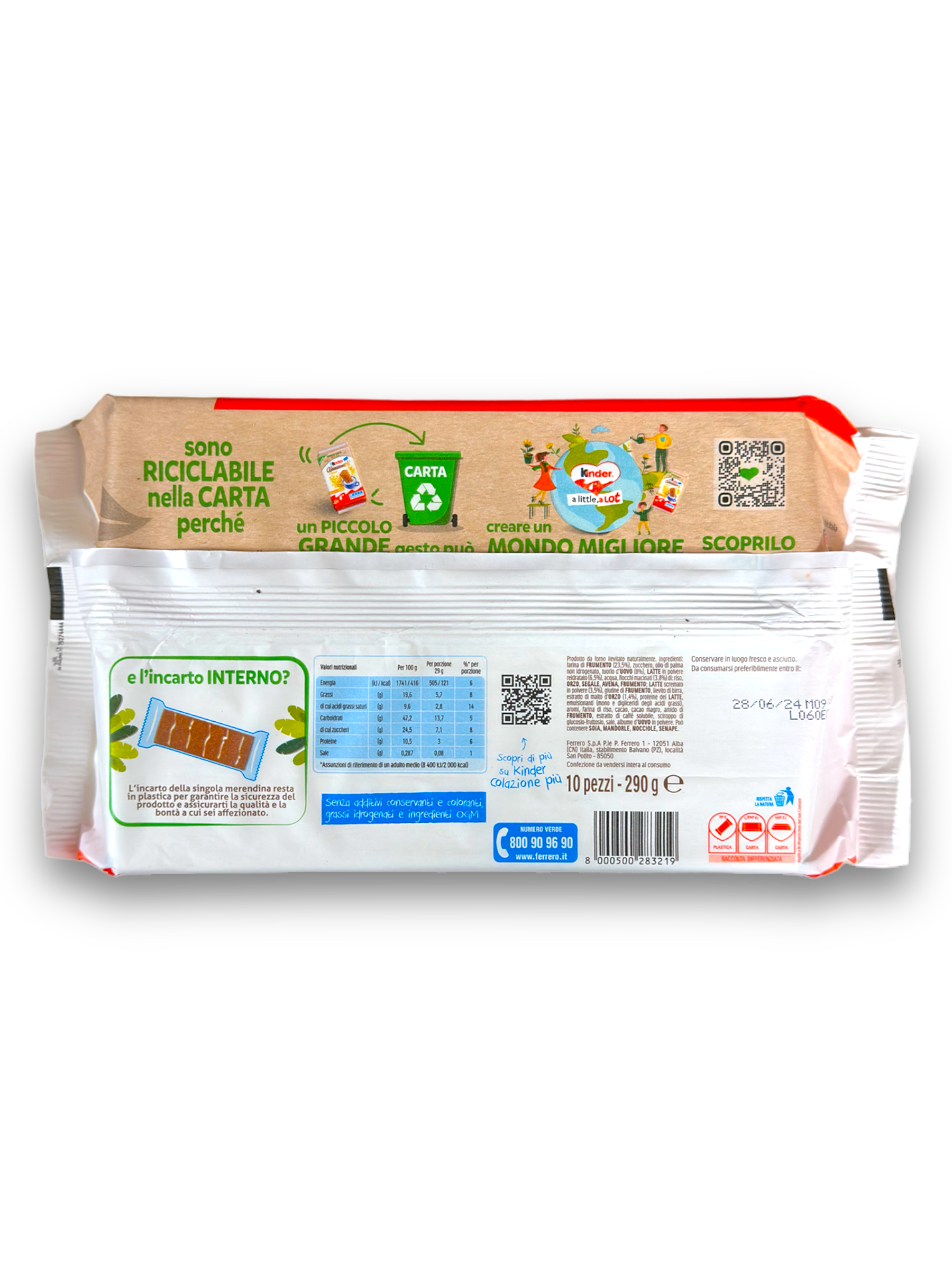 Kinder Colazio Pù 290g Rückseite Verpackung mit bunter Schrift und Produktbeschreibung