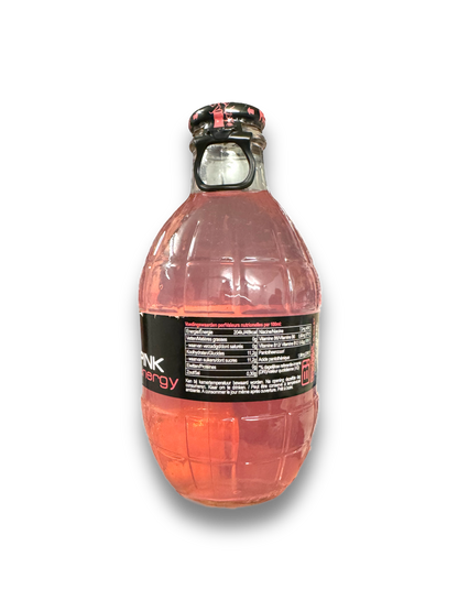 Bomba Energy Pink 250ml von Hinten dargestellt, auf Weißem Hintergrund Pinke Flasche 