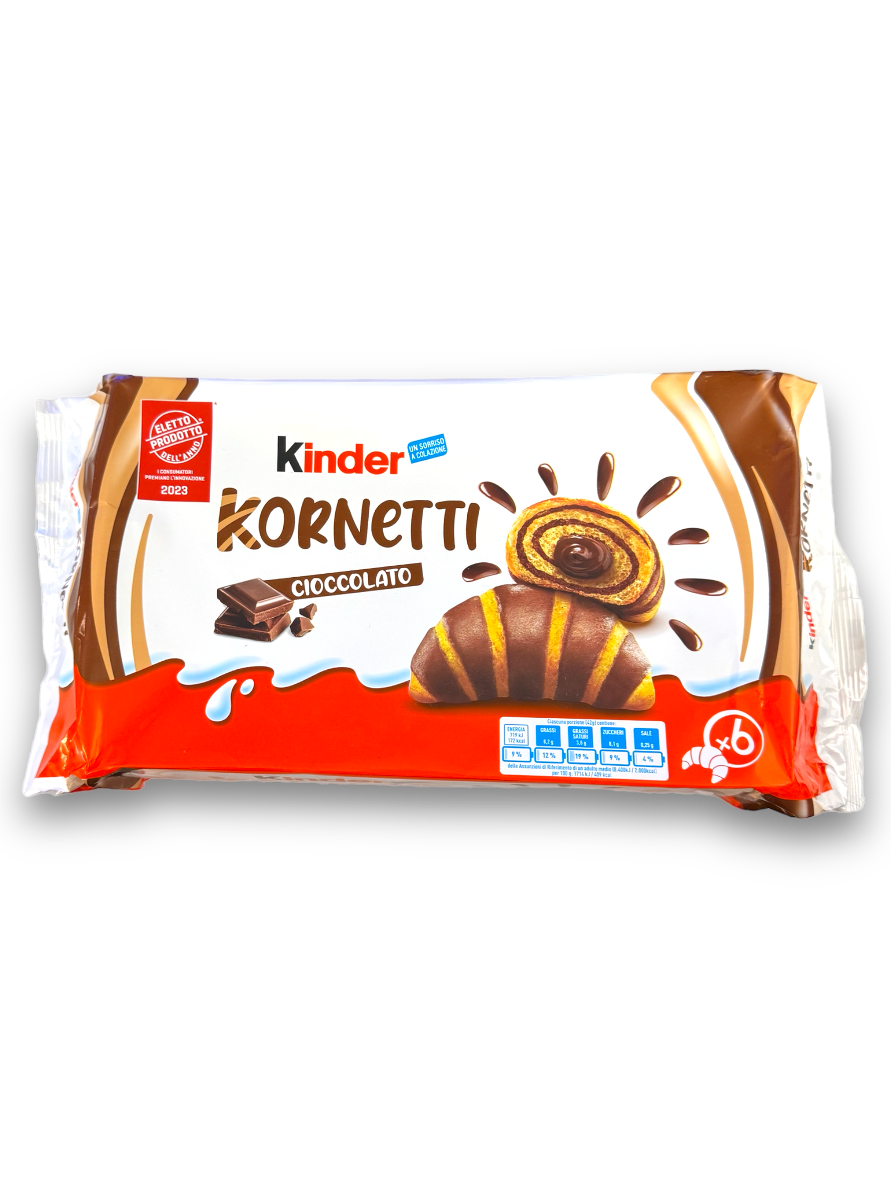 Kinder Kornetti Chocolato 252g Vorderseite weiß-rote Verpackung mit bunter Schrift und Bild Hörnchen