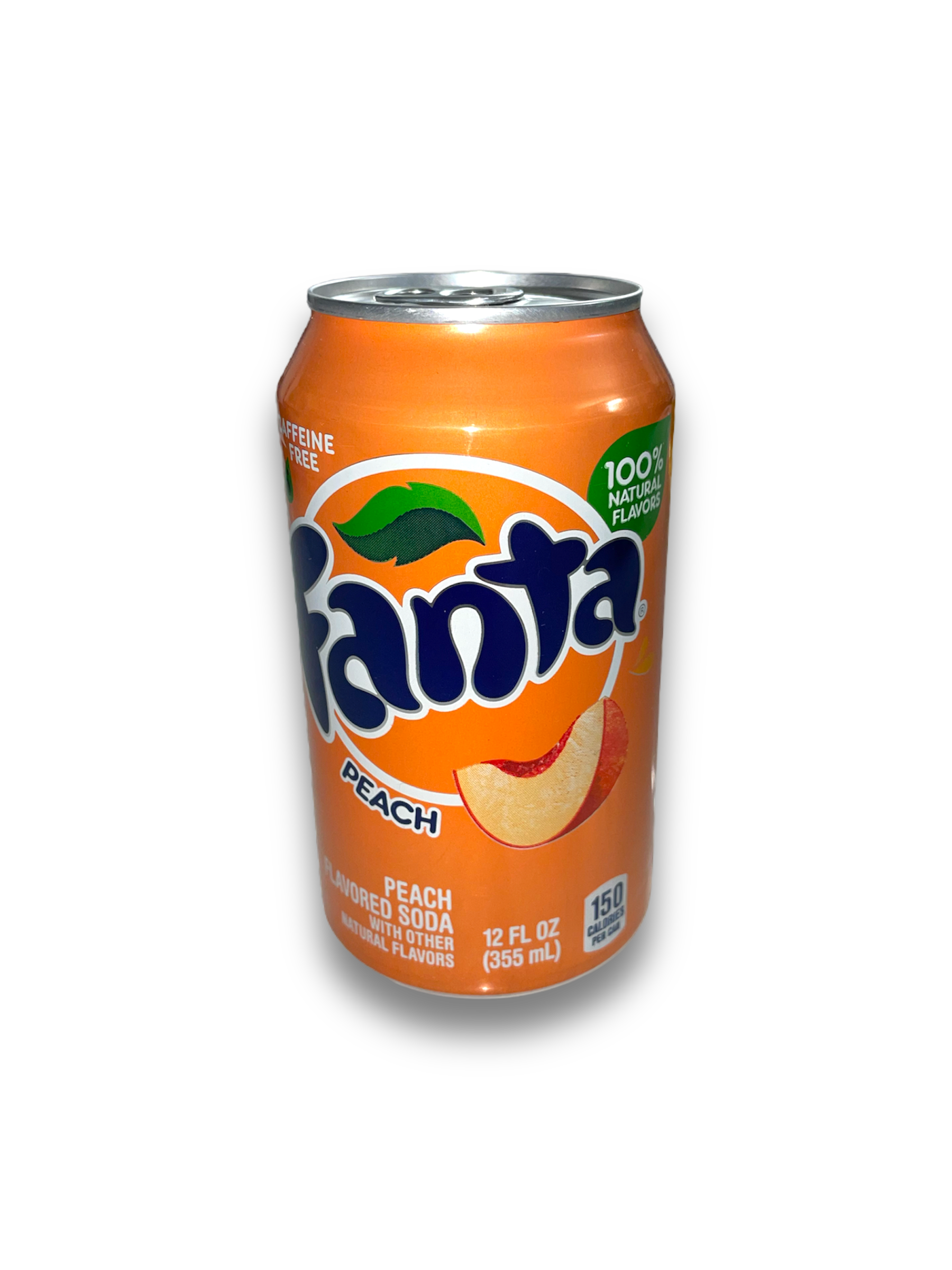 Fanta Peach USA 355ml Vorderseite orangene Dose mit Fanta Beschriftung und Pfirisch Abbildung