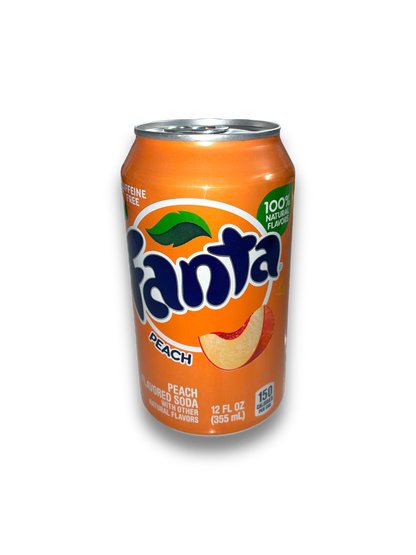 Fanta Peach USA 355ml Vorderseite orangene Dose mit Fanta Beschriftung und Pfirisch Abbildung