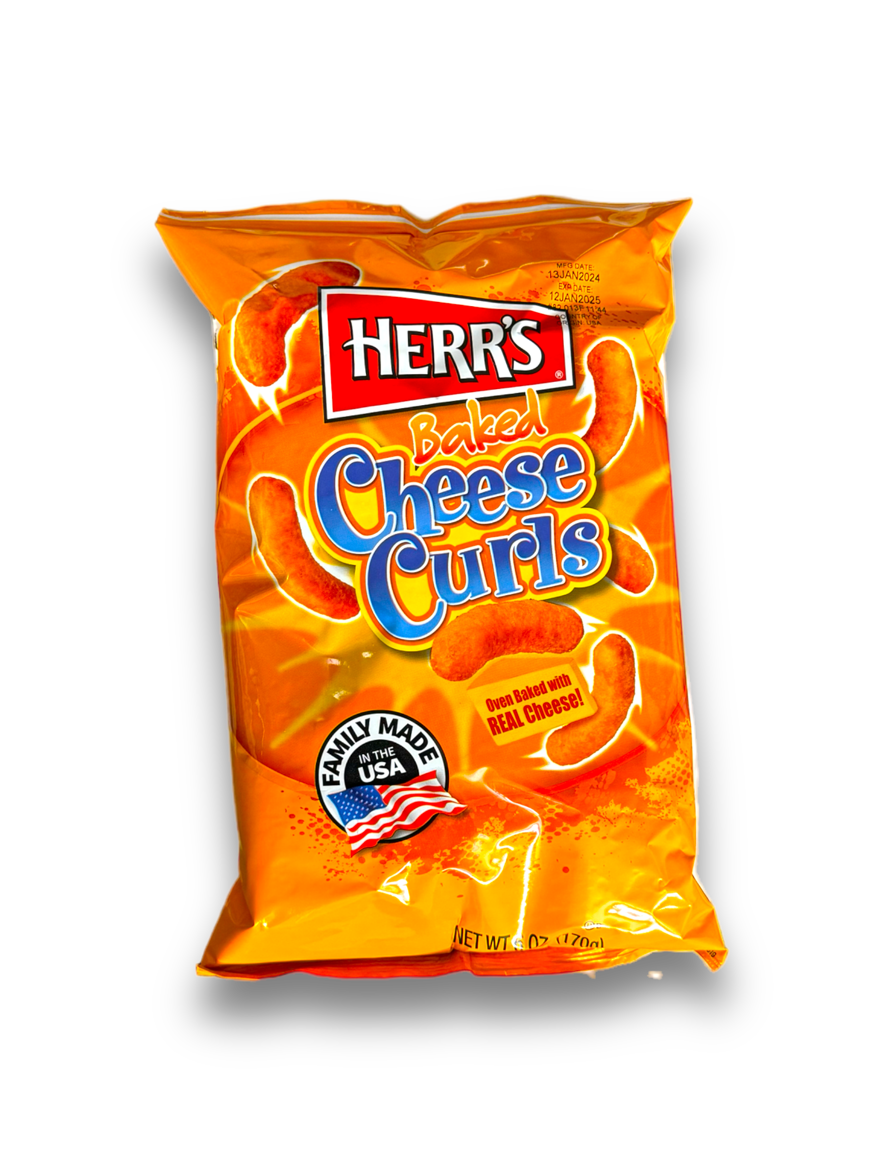 Herr‘s Cheese Curls 170g Vorderseite gelbe Verpackung mit blauer Schrift und Produktabbildung