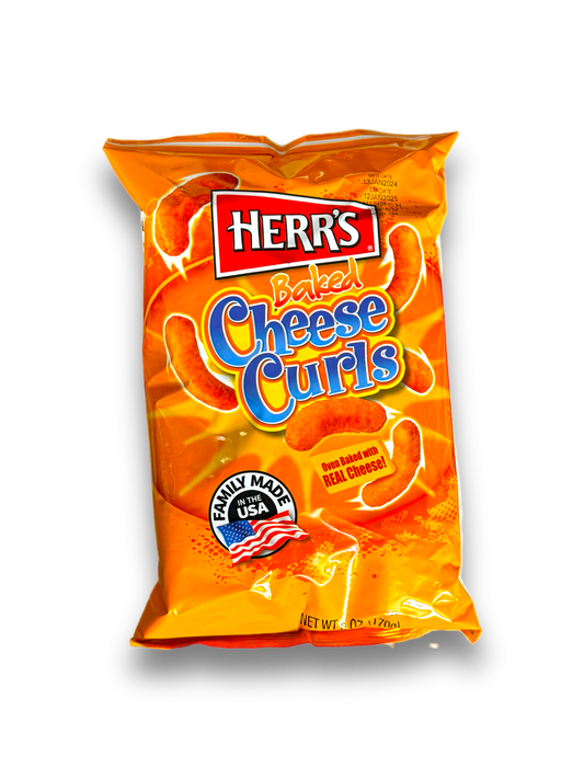 Herr‘s Cheese Curls 170g Vorderseite gelbe Verpackung mit blauer Schrift und Produktabbildung