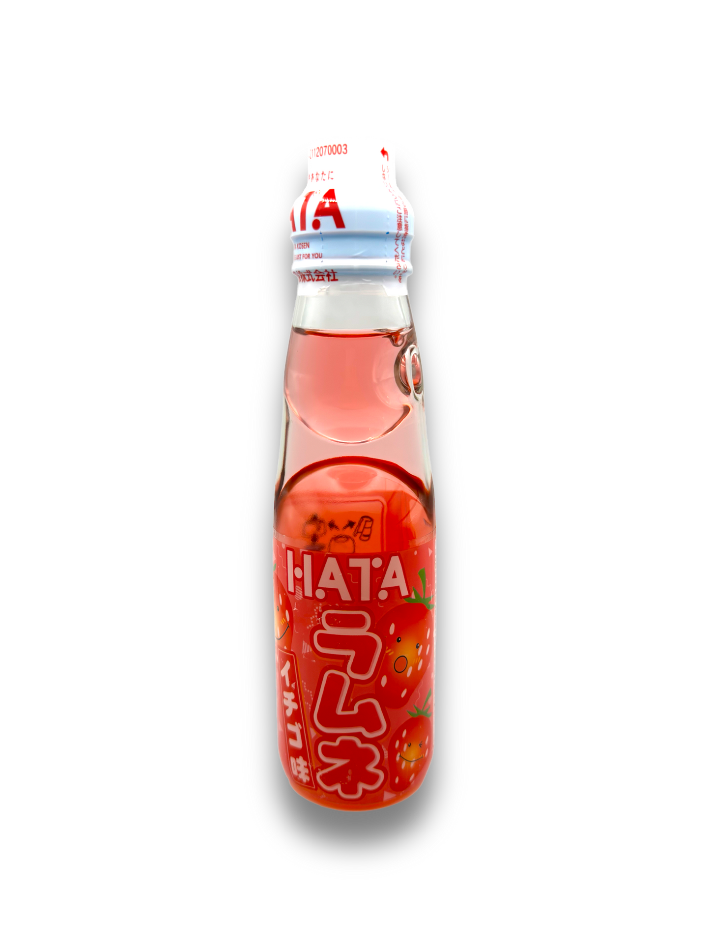 Hatakosen Ramune in Erdbeergeschmack, eine prickelnde japanische Limonade mit traditionellem Flaschendesign.