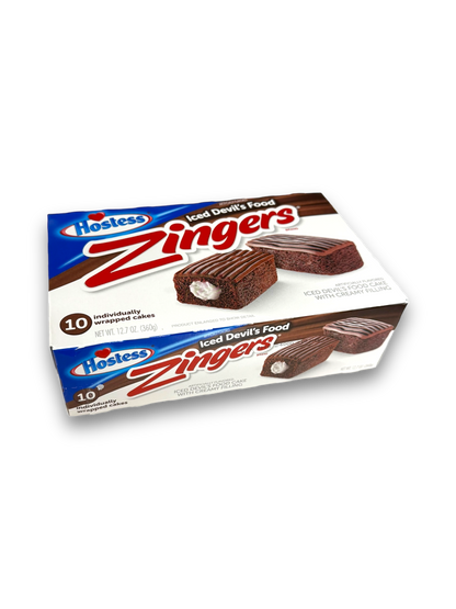 Hostess Devil's Food Chocolate Zingers 360g Vorderseite weiße Verpackung mit roter Schrift und Bild