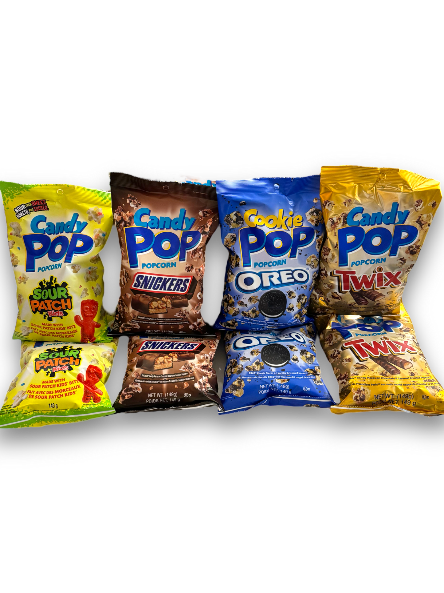 CandyPop Sour Patch Popcorn, CandyPop Twix, CandyPop Snickers, CandyPop Oreo Vorderseite 