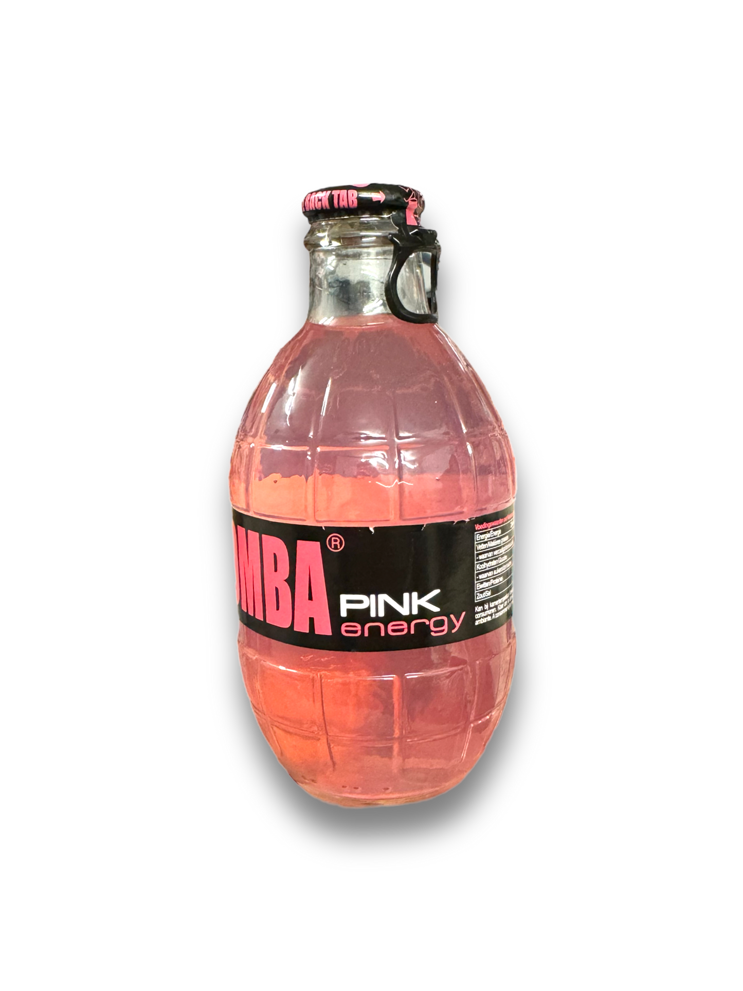 Bomba Energy Pink 250ml von der Seite dargestellt, auf Weißem Hintergrund Pinke Flasche 