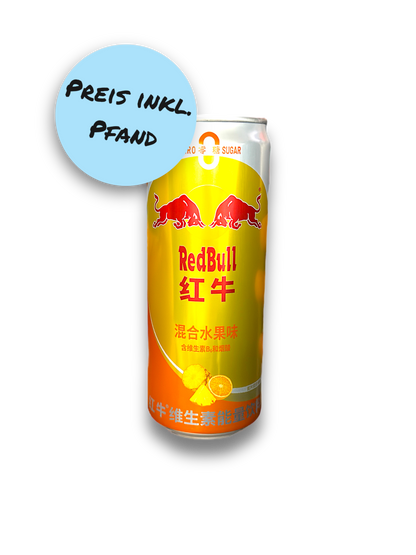 Red Bull Zero Sugar Dose in Gelb-Orange mit zwei roten Stieren, chinesische Schriftzeichen, zuckerfrei.