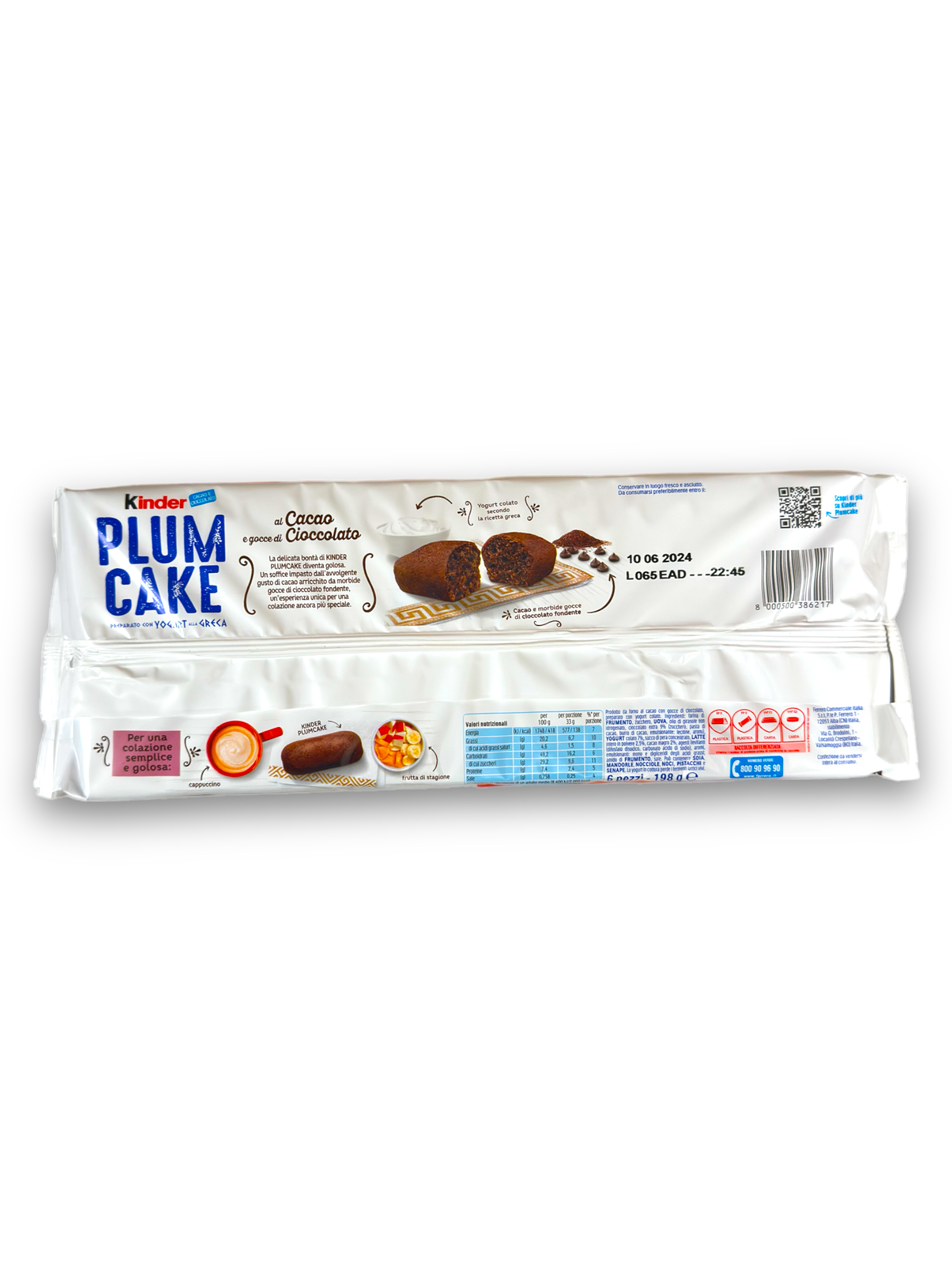 Kinder Plumcake Cacao 198g Rückseite weiße Verpackung mit bunter Schrift und Produktbeschreibung