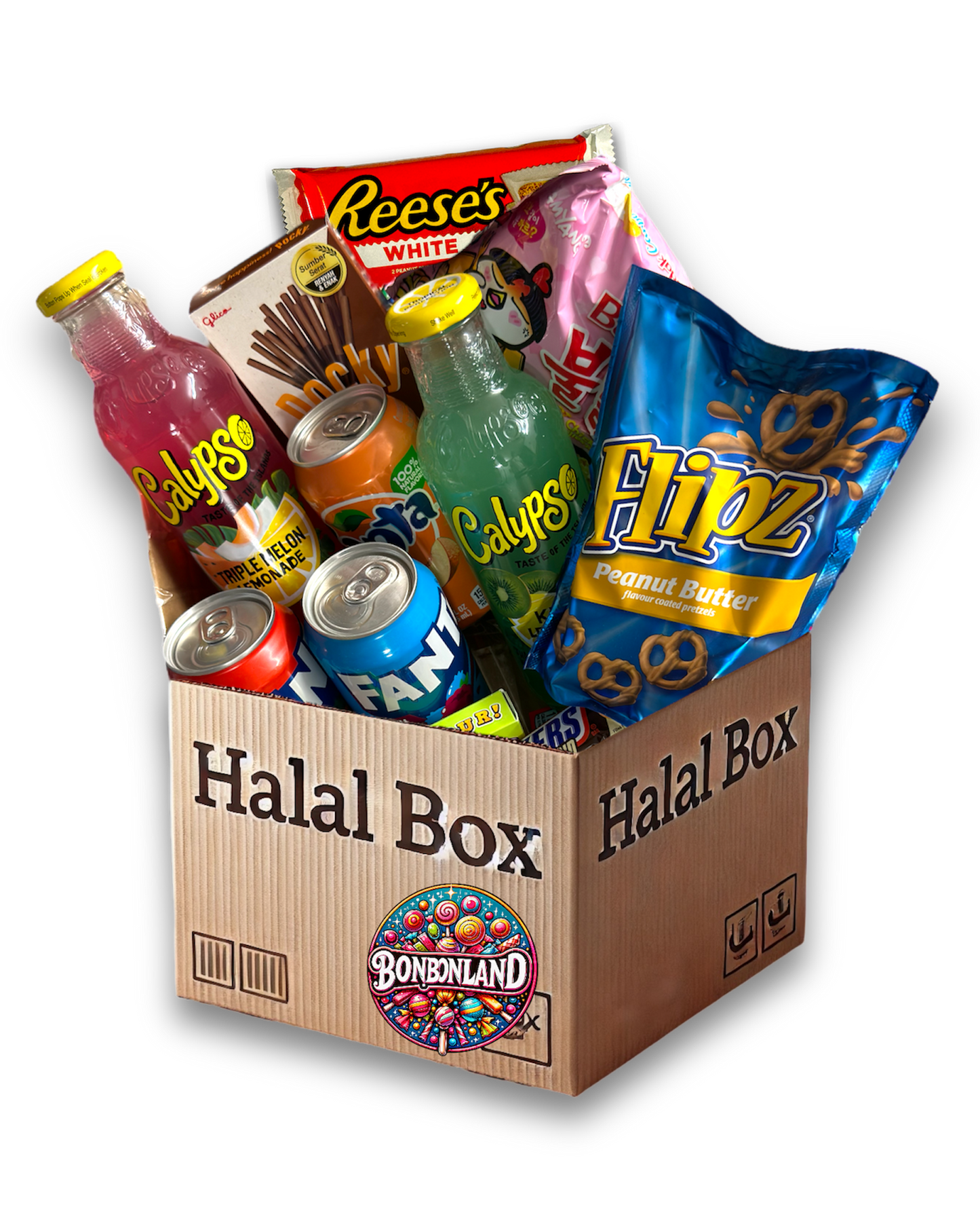 Halal-Box von Bonbonland, gefüllt mit diversen Süßigkeiten und Getränken wie Reese’s, Calypso, und Flipz