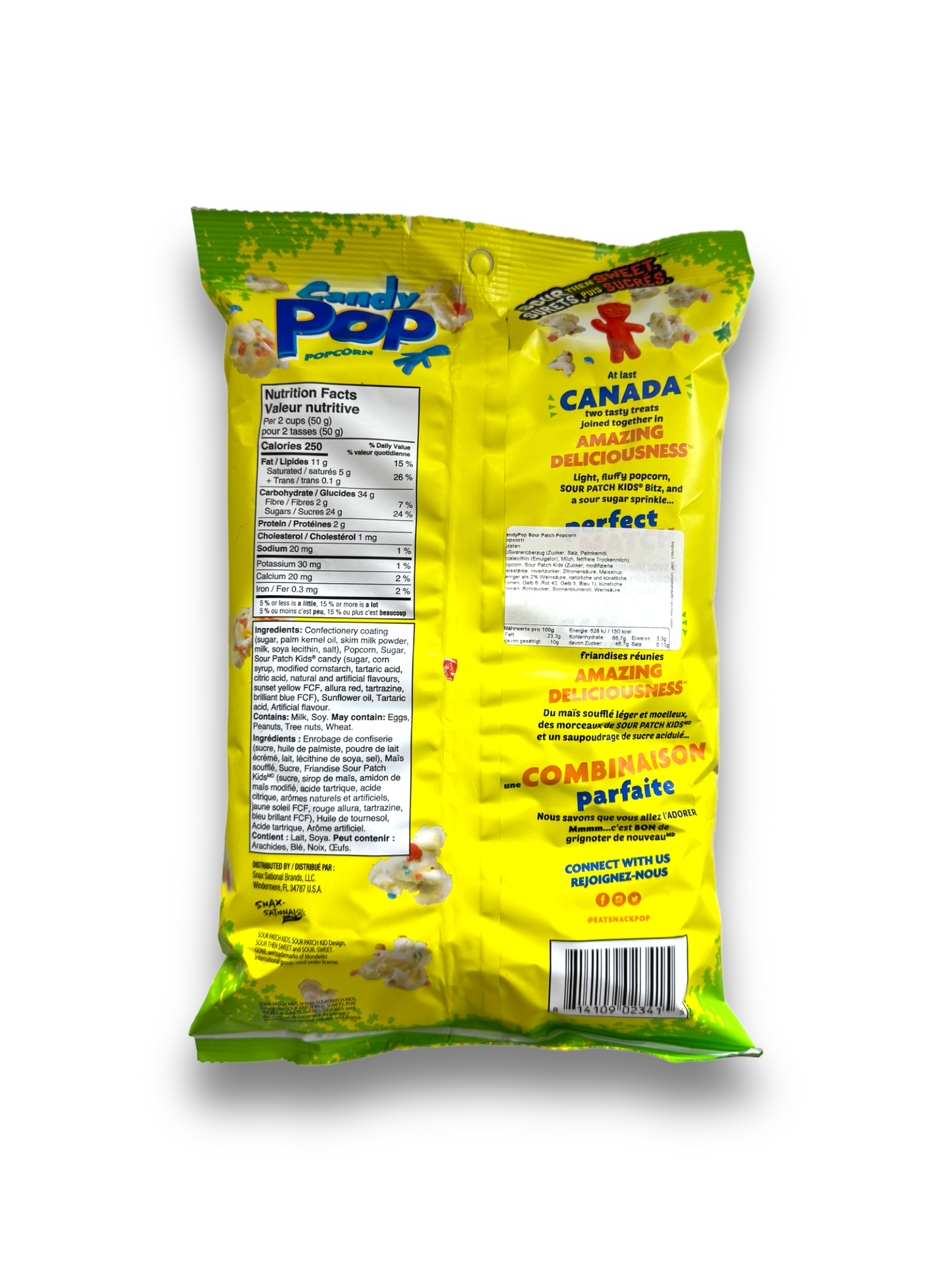 CandyPop Sour Patch Popcorn 149g gelbe Verpackung Rückseite mit Produktbeschreibung 