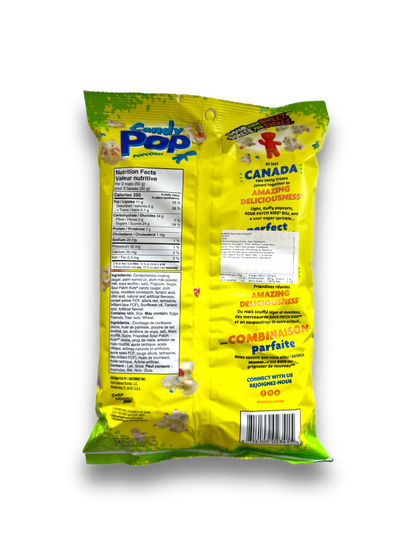 CandyPop Sour Patch Popcorn 149g gelbe Verpackung Rückseite mit Produktbeschreibung 