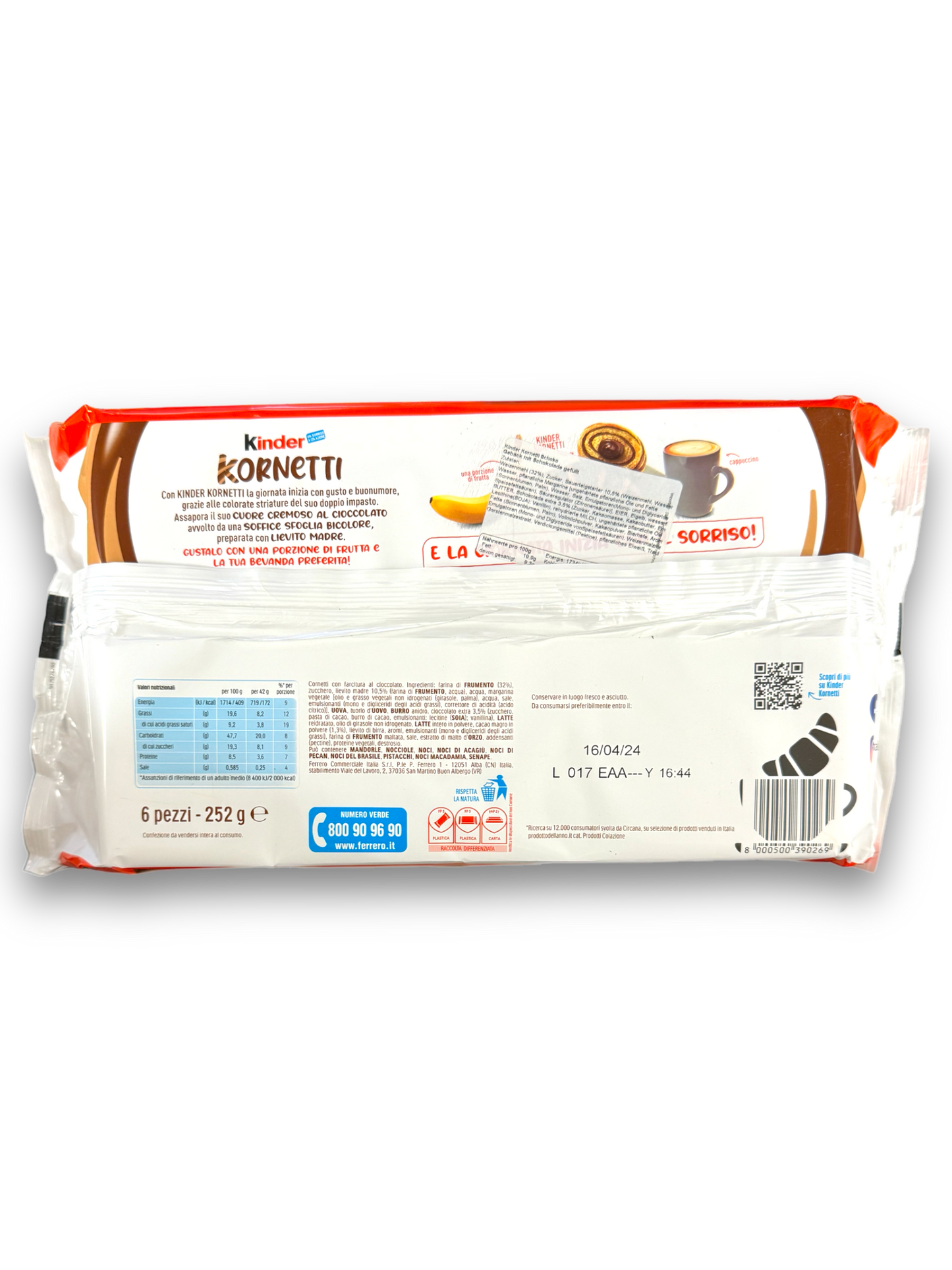 Kinder Kornetti Chocolato 252g Rückseite weiße Verpackung mit Bild Hörnchen und Produktbeschreibung