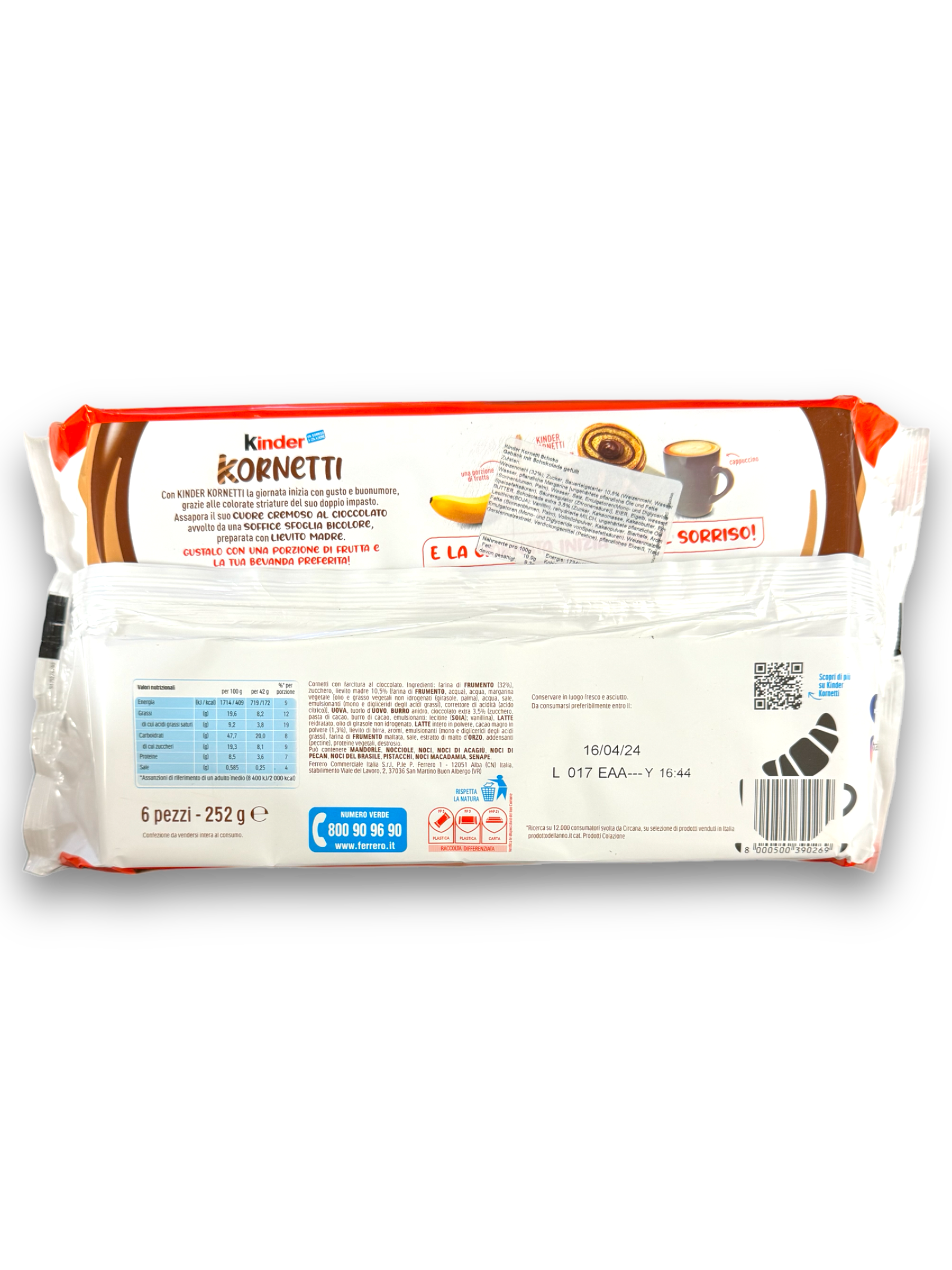 Kinder Kornetti Chocolato 252g Rückseite weiße Verpackung mit Bild Hörnchen und Produktbeschreibung