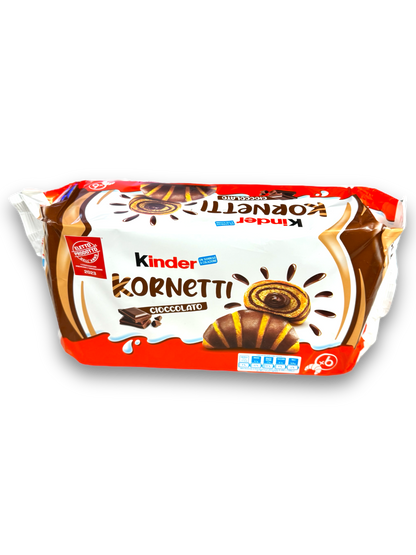 Kinder Kornetti Chocolato 252g Vorderseite weiß-rote Verpackung mit bunter Schrift und Bild Hörnchen