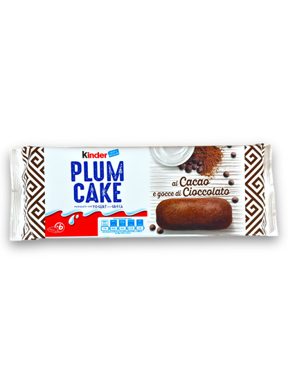 Kinder Plumcake Cacao 198g Vorderseite weiße Verpackung mit bunter Schrift und Bild Schokobällchen