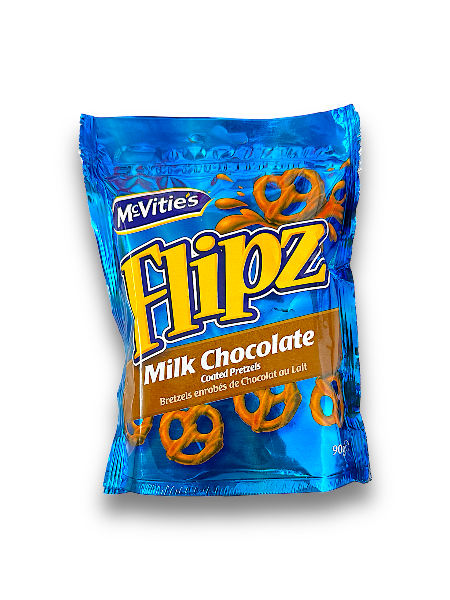 Flipz Milk Chocolate Vorderseite blaue Verpackung mit gelber Schrift und schokobrezel