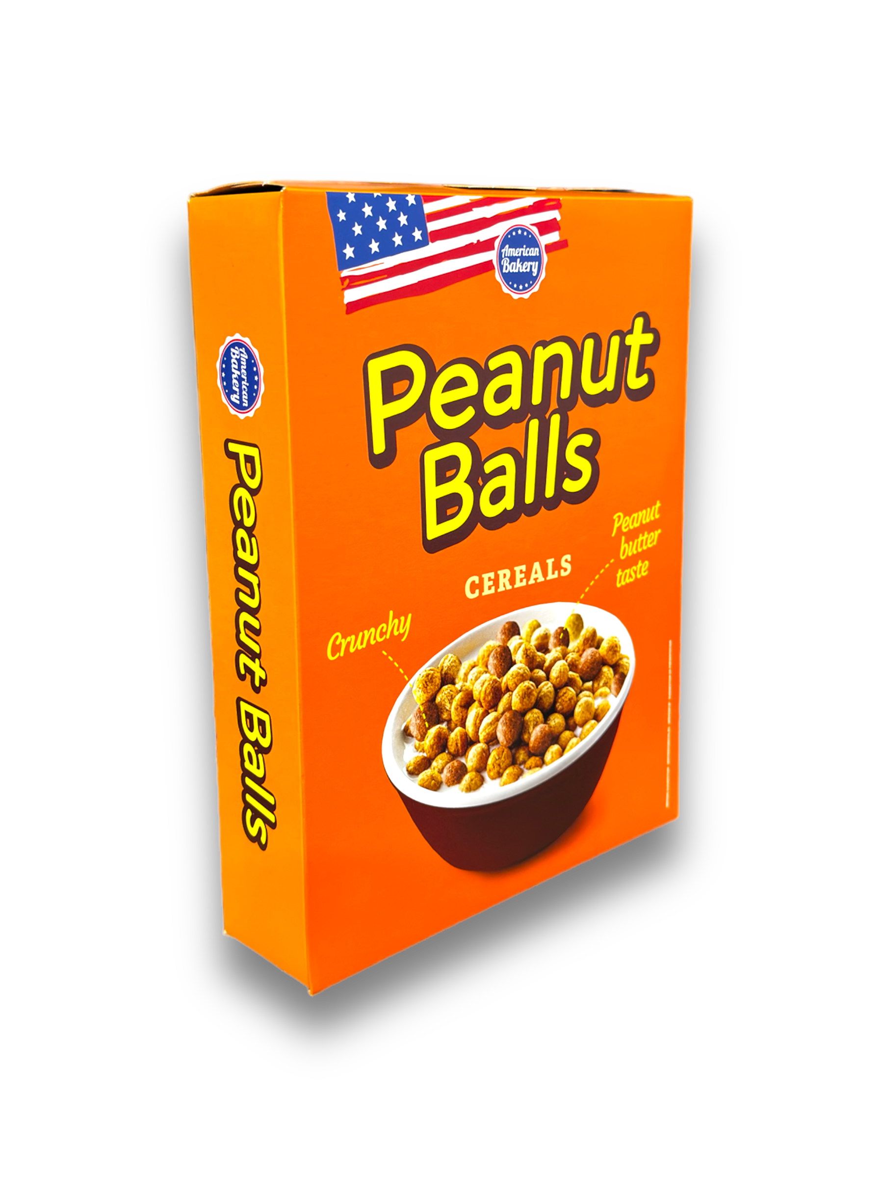 Peanut Balls Cereals Box in einem Winkel, der den Produktinhalt hervorhebt, auf weißem Hintergrund 