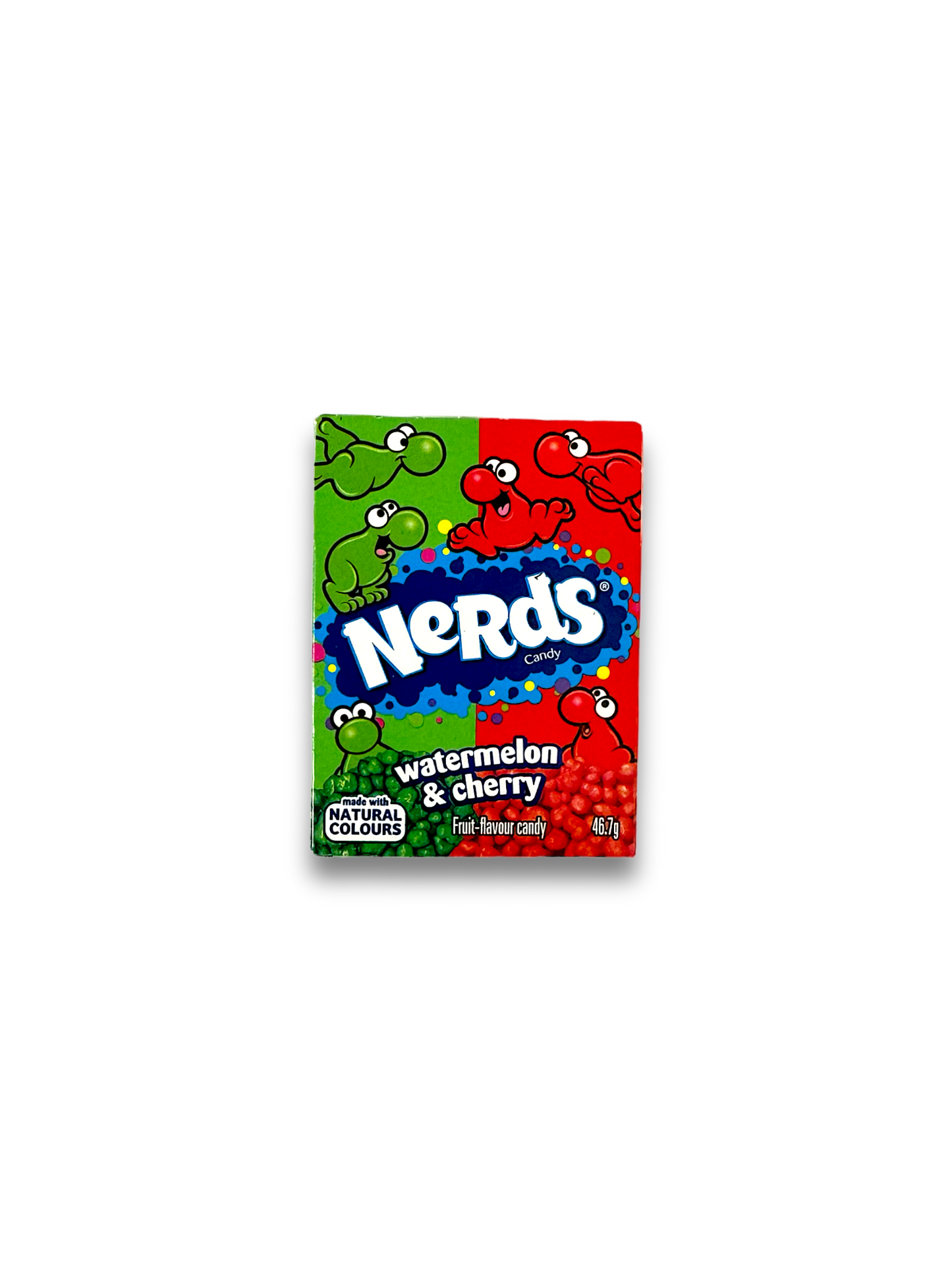 Vorderseite einer 46,7g Packung Nerds Watermelon & Wild Cherry, grüne und rote Verpackung mit Logo.