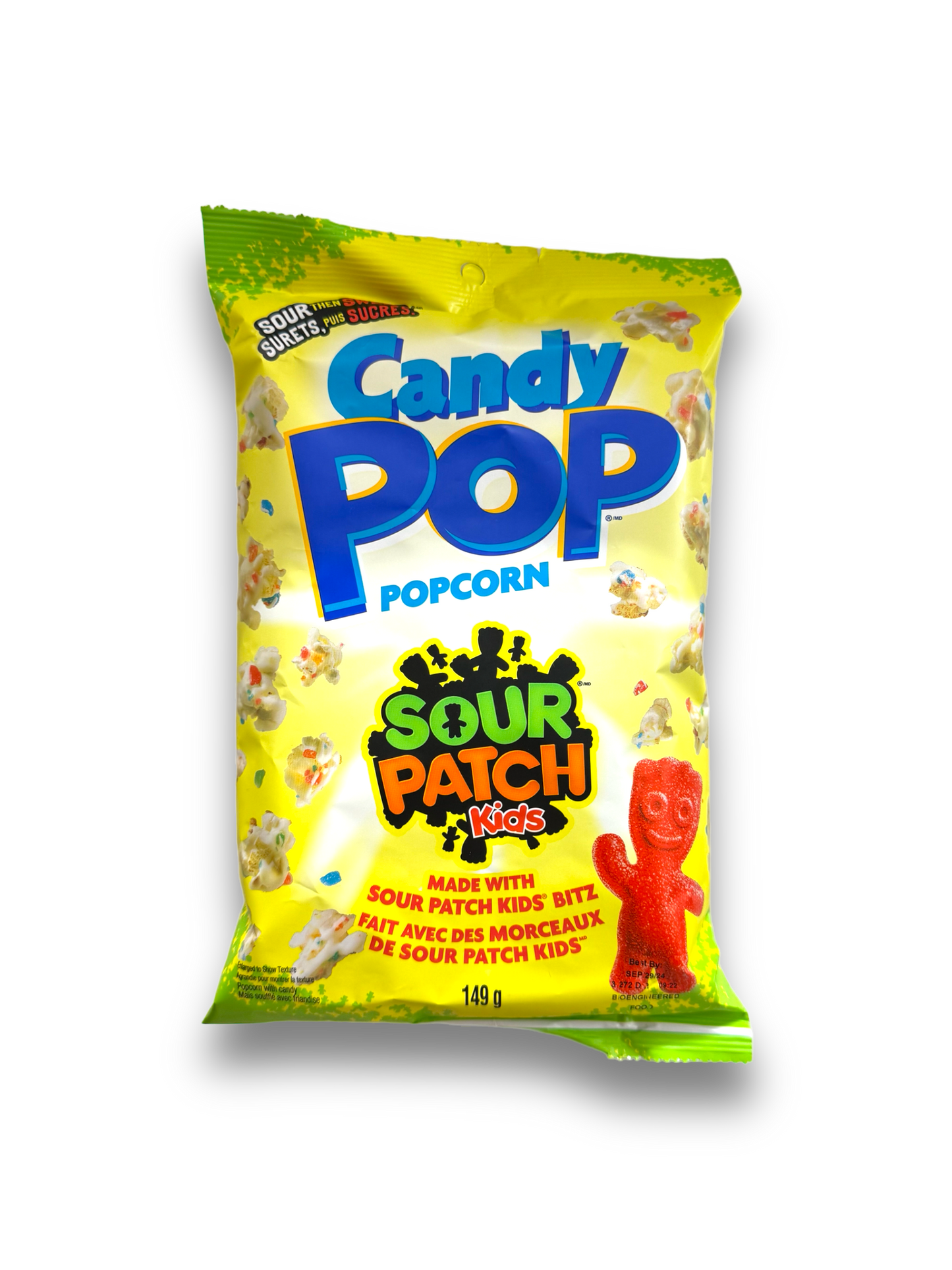 CandyPop Sour Patch Popcorn 149g gelbe Verpackung Vorderseite mit blauer Schrift und Produkt