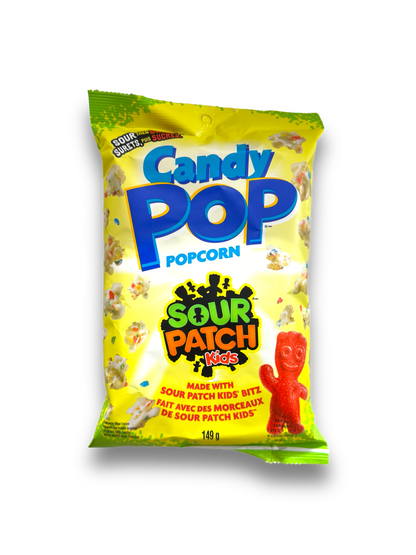 CandyPop Sour Patch Popcorn 149g gelbe Verpackung Vorderseite mit blauer Schrift und Produkt