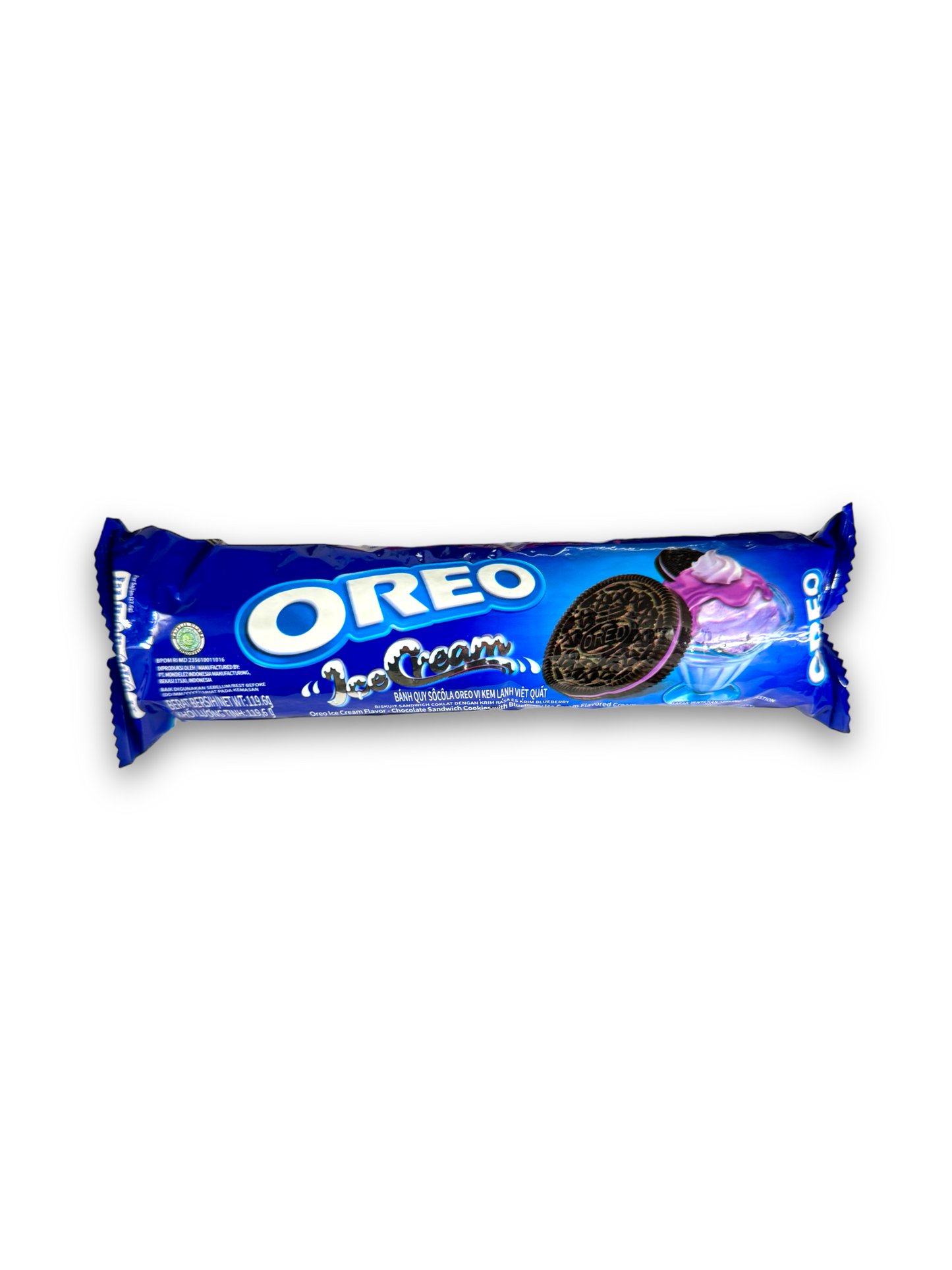 Oreo Ice Cream Blueberry Roll 119,6g Vorderseite blaue Verpackung mit Oreo Cookies Abbildung 