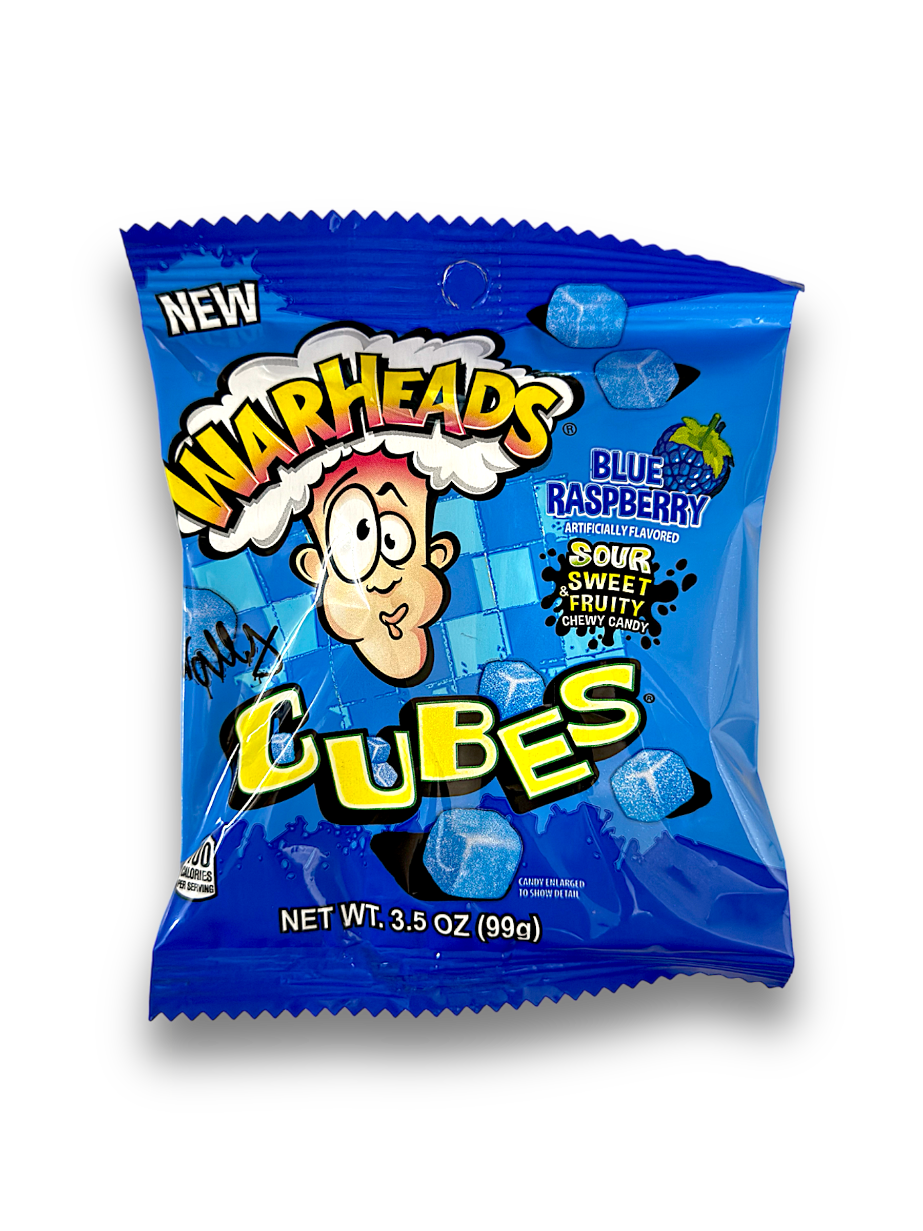 Vorderseite einer 85g Box Warheads Blue Raspberry Cubes, blau-weiße Verpackung mit dem Warheads Logo