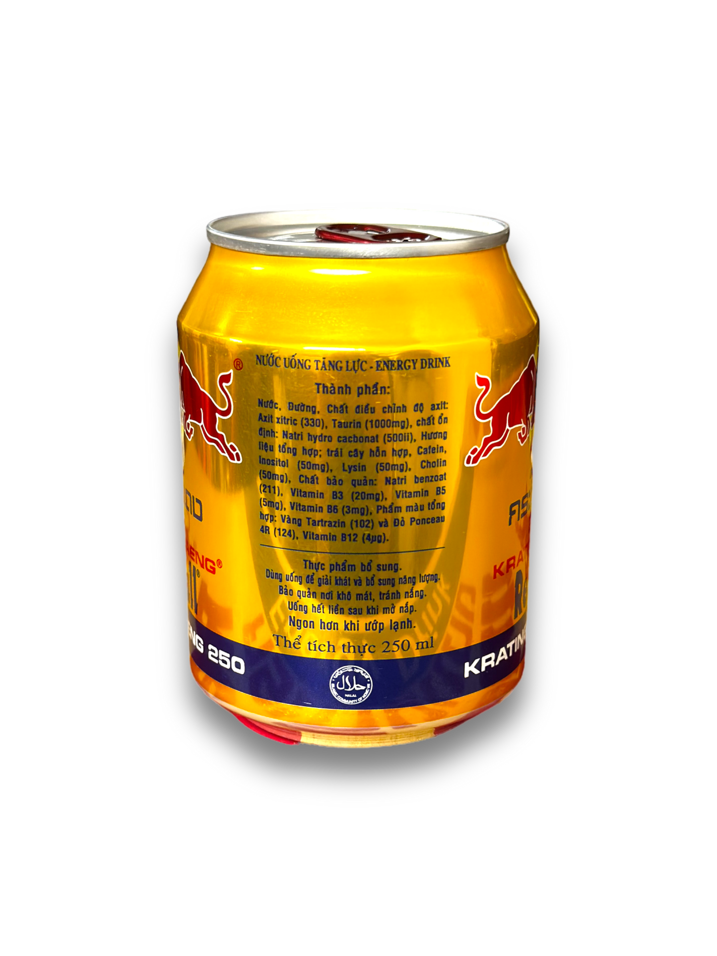 Red Bull Vietnam 250ml goldene Dose Rückseite mit blauer Schrift und Produktbeschreibung 