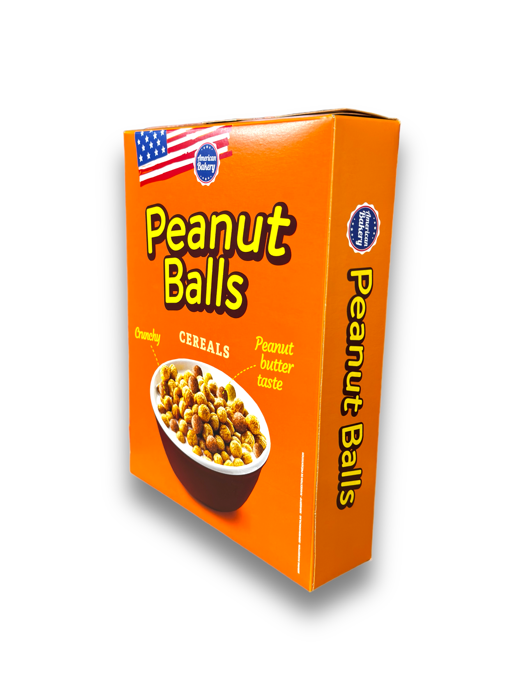 Peanut Balls Cereals Box in einem Winkel, der den Produktinhalt hervorhebt, vor einem schwarzen Hintergrund.