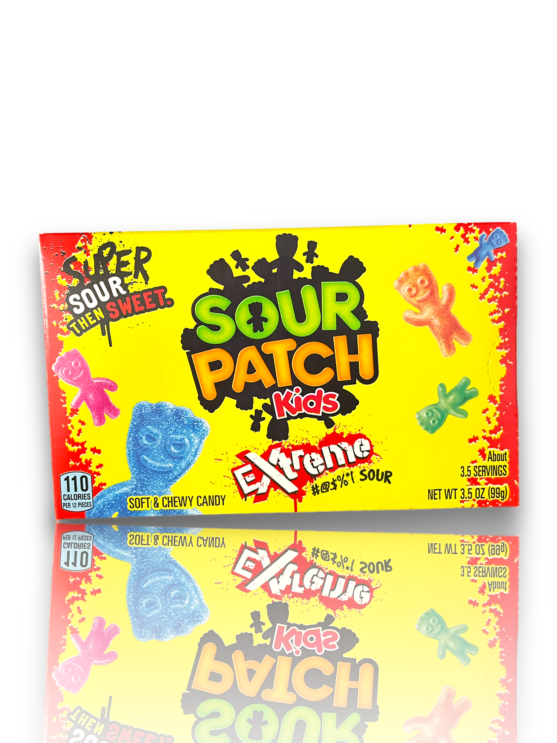 Sour Patch Kids Extreme 99g Vorderseite gelbe Verpackung mit bunter Schrift  auf weißem Hintergrun