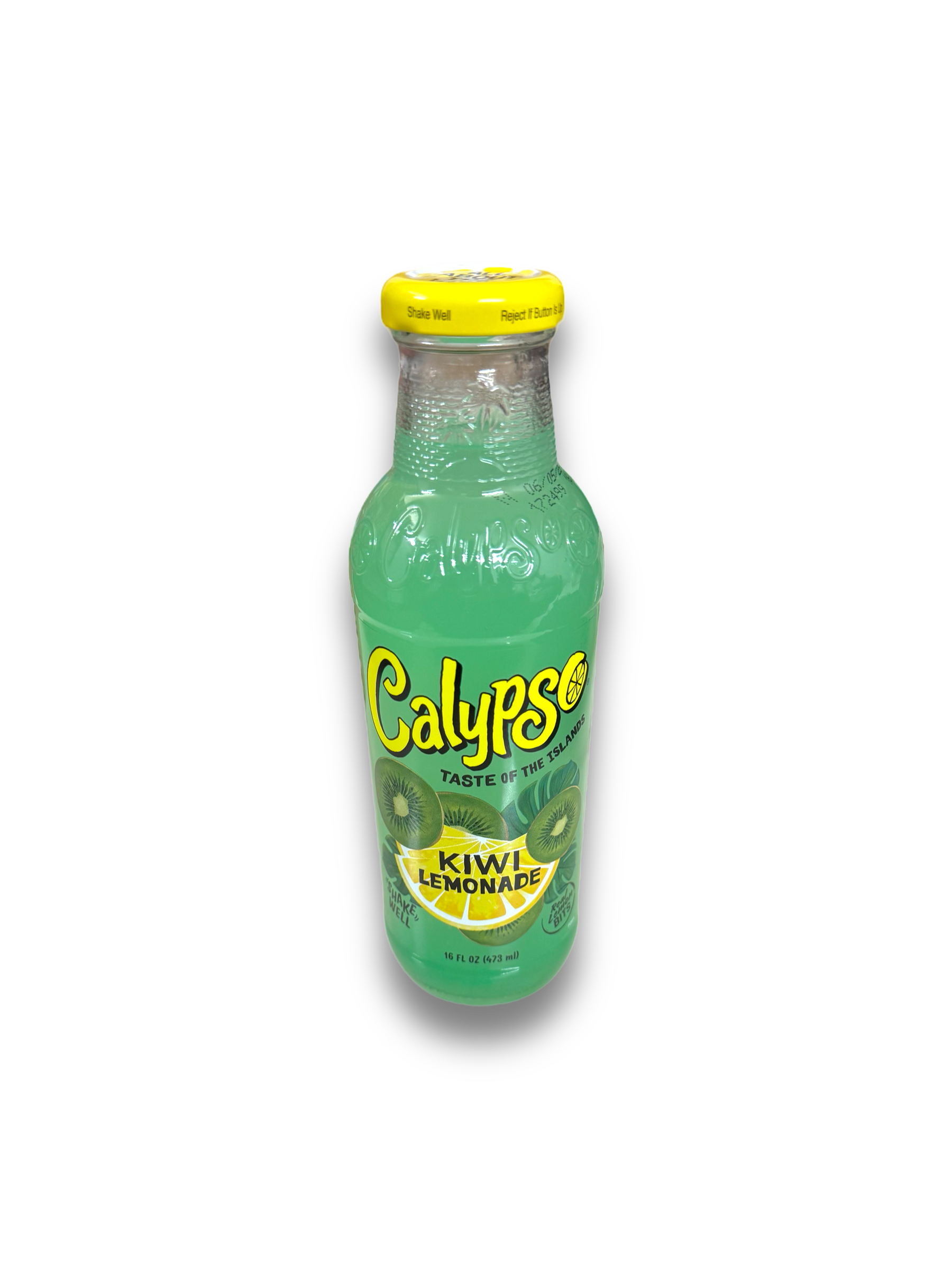 Calypso Kiwi 473ml mittig von Vorne dargestellt, auf Weißem Hintergrund Grüne Flasche aus Glas