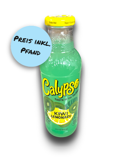 Calypso Kiwi 473ml Glasflasche Vorderseite mit gelber Schrift auf weißem Hintergrund 