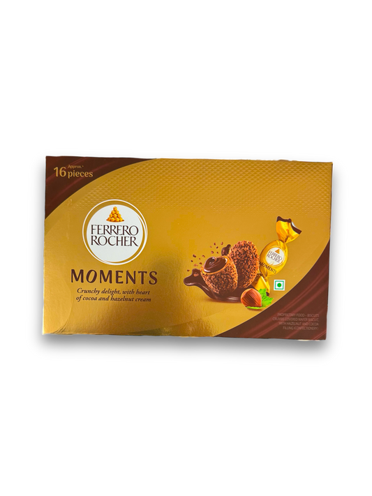 Ferrero Rocher Moments 92,8g goldene Verpackung Vorderseite mit Ferrero Logo und Abbildung Produkt