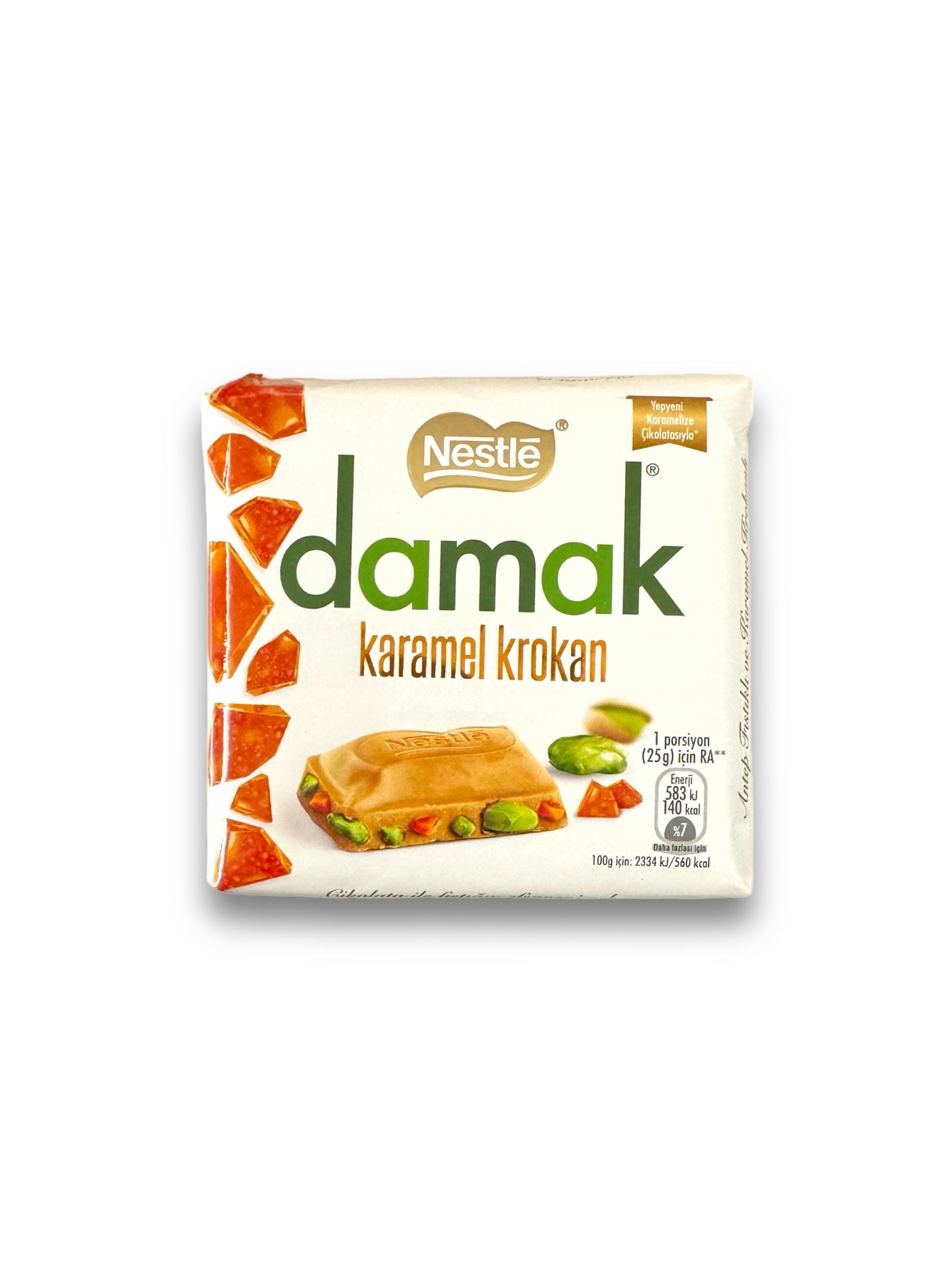 Nestle Damak Karamel Krokan 60g Vorderseite weiße Verpackung mit grüner Schrift, weißem Hintergrund